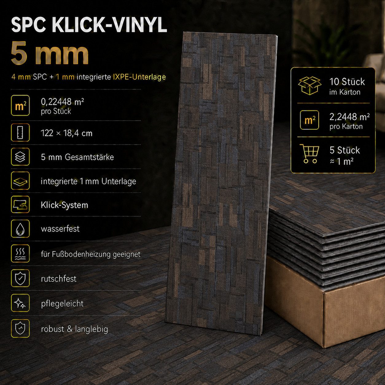 Berti Graf Vinyllaminat Klick Hart Teppichmuster SPC, Wasserfest, 4mm + 1mm, Bodenheizung