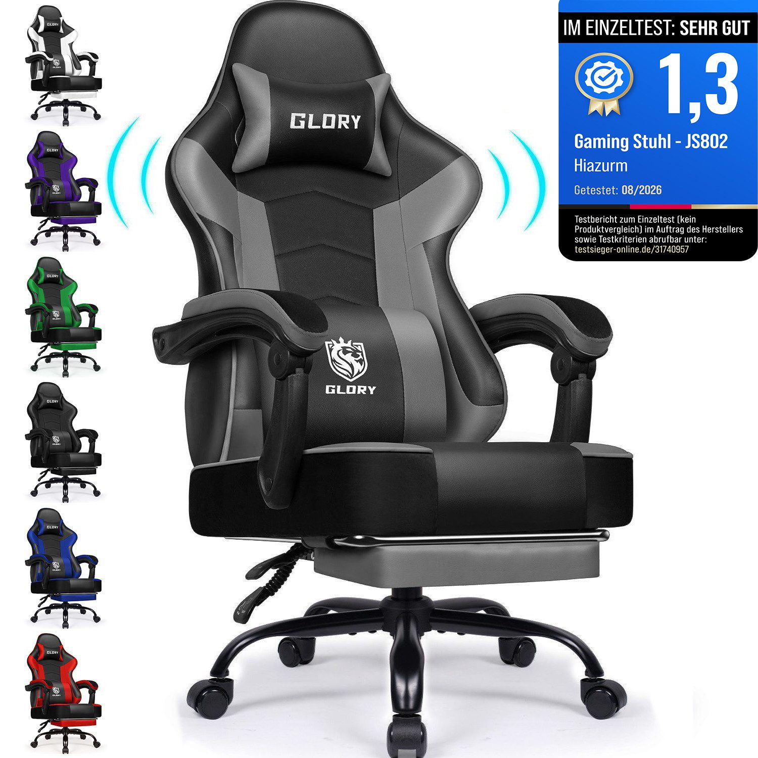 Hiazurm Gaming-Stuhl Gaming Stuhl, Bürostuhl Ergonomisch Wippfunktion bis zu 170° (Gaming Chair mit Fußstütze, 10 cm Höhenverstellung), Verstellbarem Lenden- & Kopfkissen, Gamer Stuhl 150kg Belastbarkeit