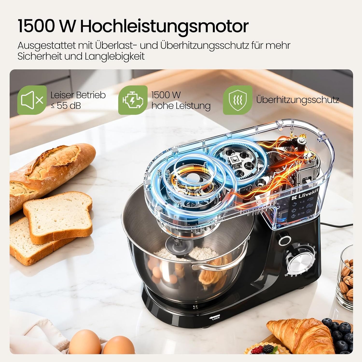 LLIVEKIT Küchenmaschine, 1500 W, 5,2 l Schüssel, mit 10 Geschwindigkeiten