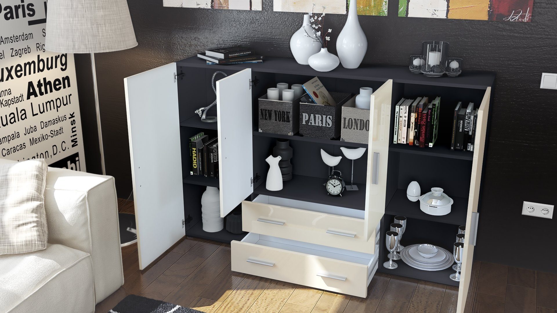 Vladon Highboard Nora (Anrichte mit 2 Schubladen und 4 Türen, mit insgesamt 8 Fächer dahinter), Anthrazit matt/Weiß Hochglanz (166,5 x 106,5 x 35 cm) – Bild 3 von 5