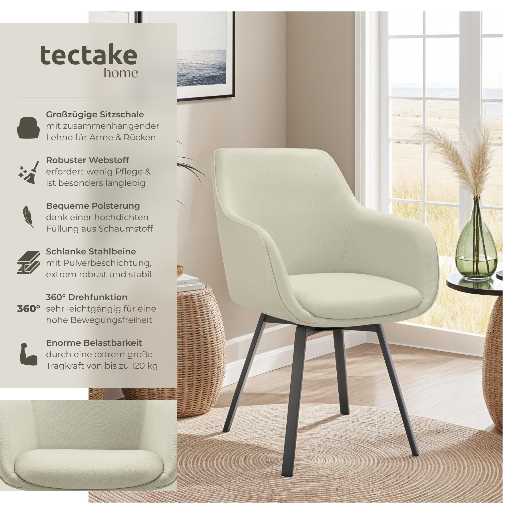 tectake Esszimmerstuhl Drehbarer Armlehnstuhl Alicon, gepolstert (Set, 6 St günstig online kaufen