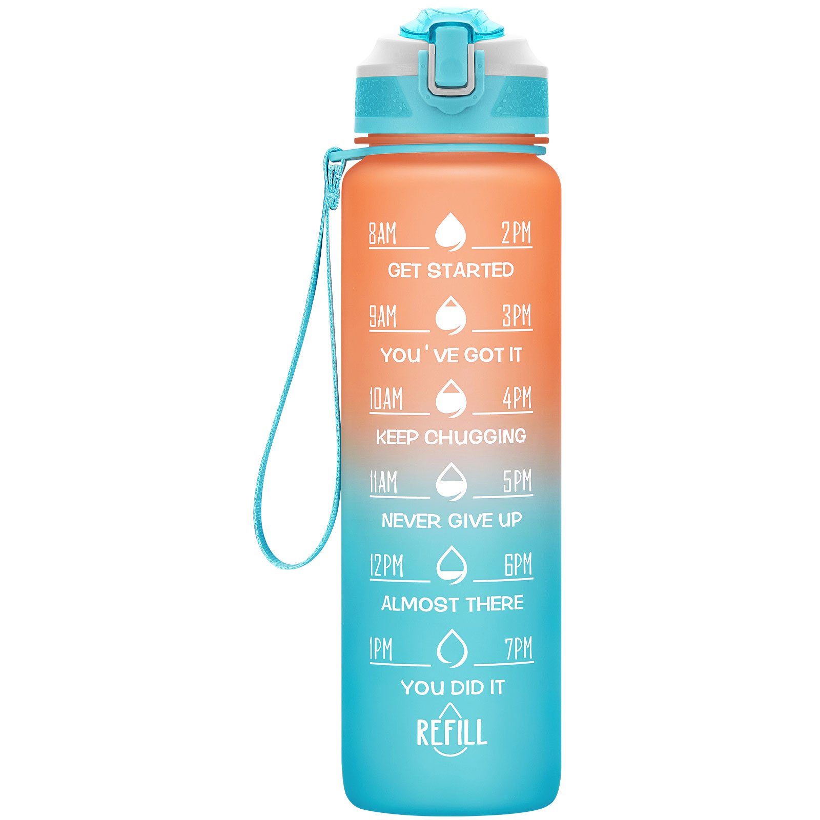 WISHDOR Trinkflasche Sport Wasserflasche Sportflasche Auslaufsicher 1 Liter BPA-Frei 1L, Zeitmarkierung und Strohhalm Fitness Outdoor Camping Fahrrad Wandern Orange/Hellblau