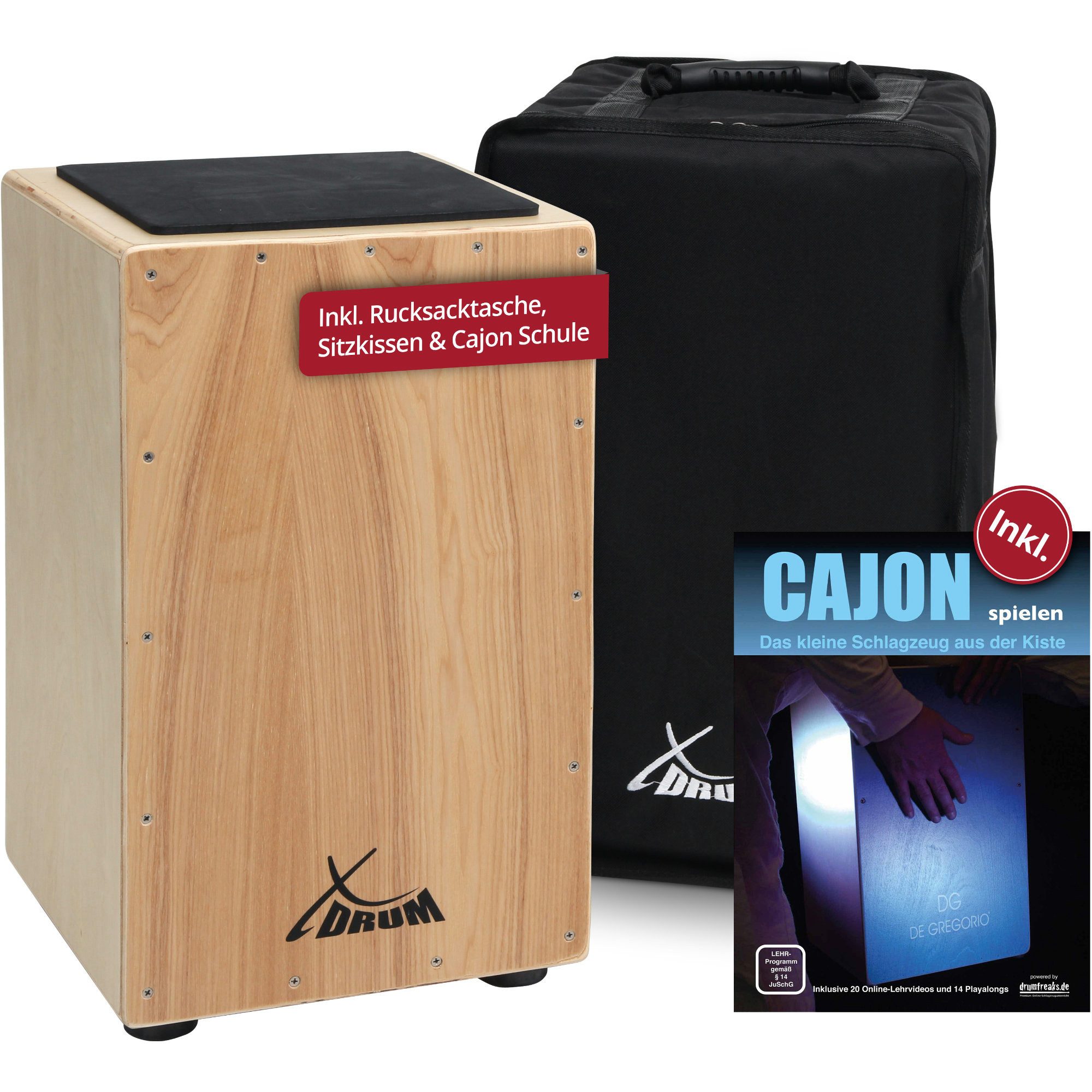 XDrum Cajon Primero - Kistentrommel, inkl. Rucksacktasche & Cajonschule, Trommelkiste mit Snare Sound