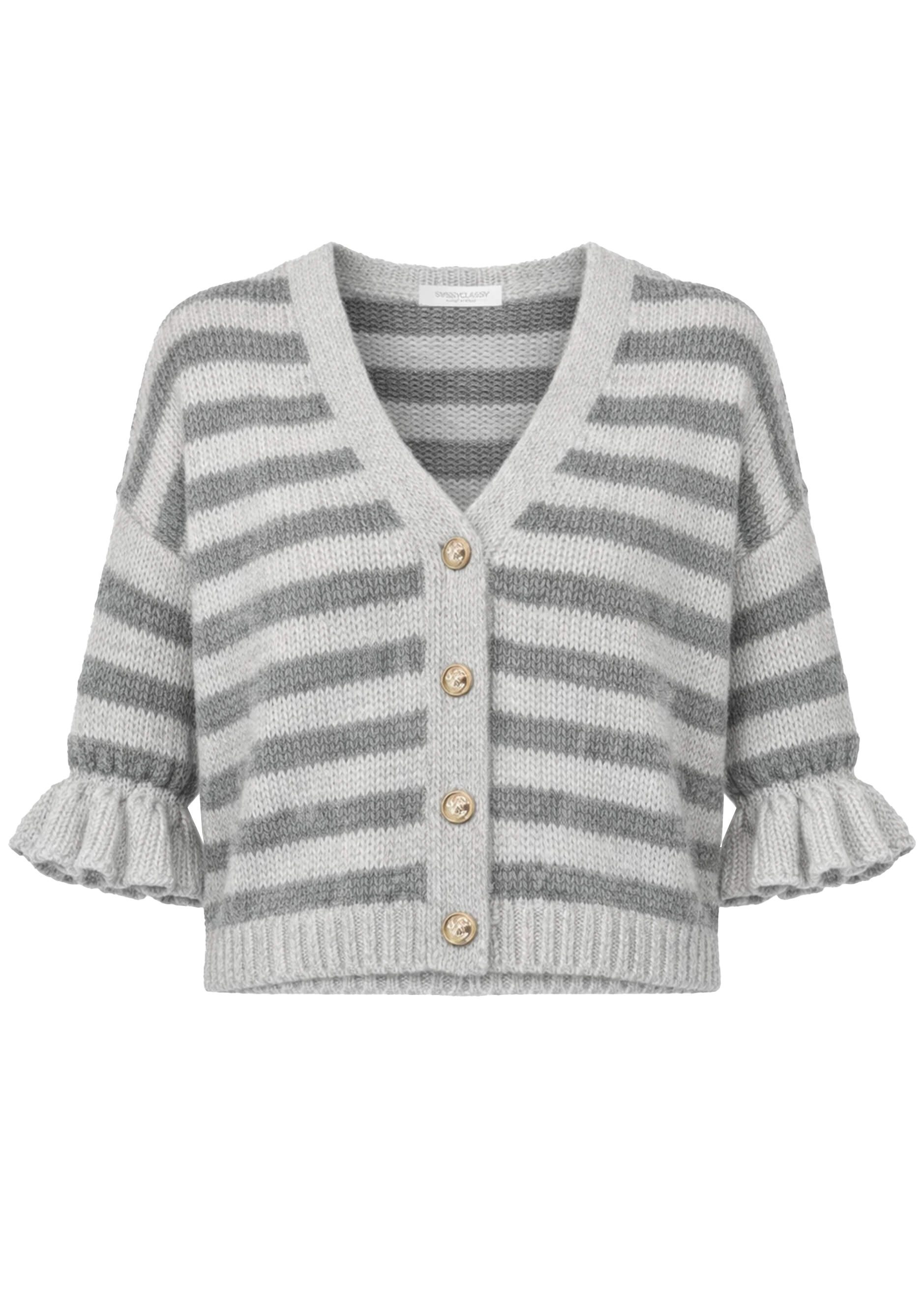 SASSYCLASSY Cardigan Gestreifter Cardigan mit 3/4-Ärmeln für Damen Cozy Cardigan mit Ballonärmeln und Knopfleiste Grau Pink