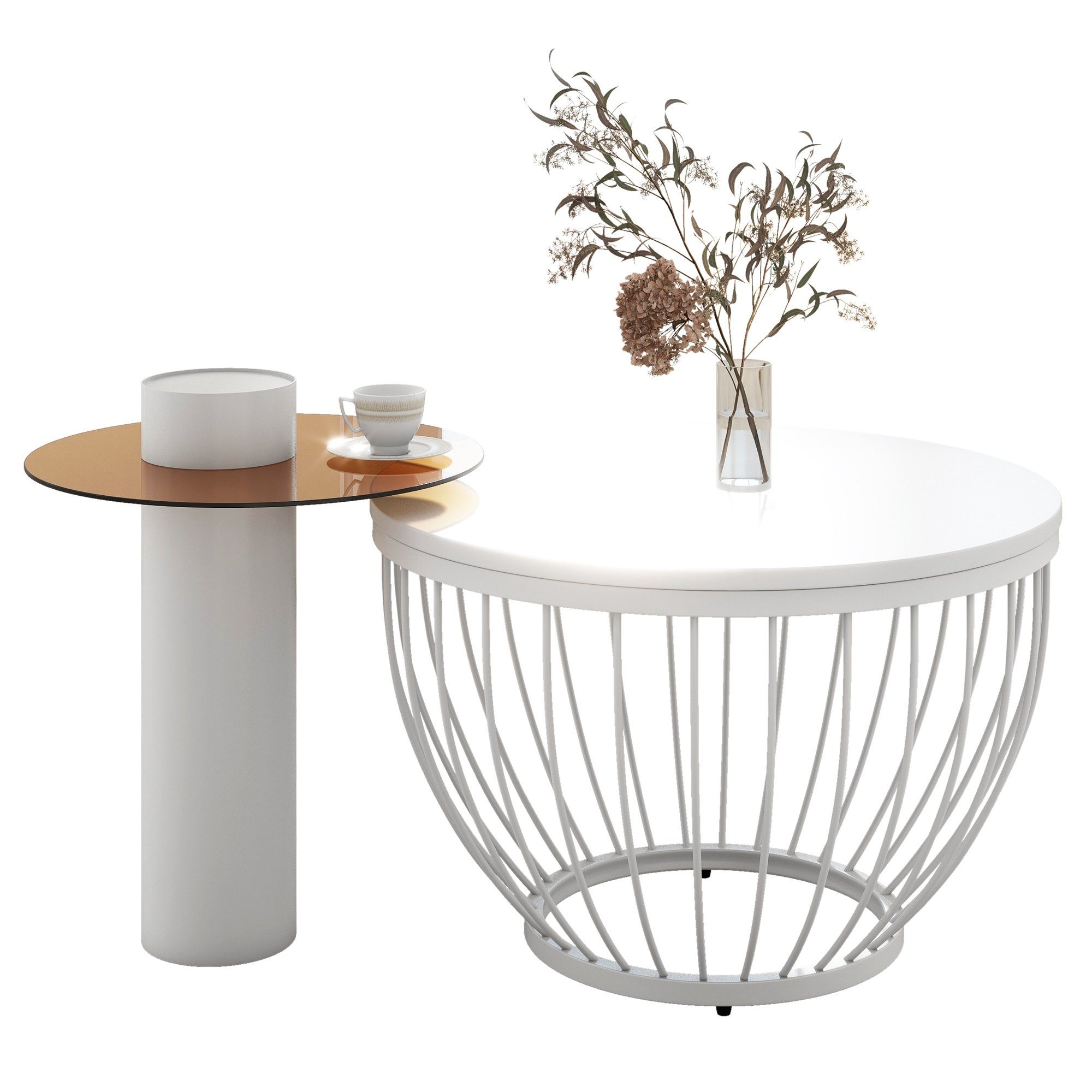 Merax Couchtisch 2er mit Weiß | Satztisch (2-St), Beistelltisch Set, Glastischplatte Weiß Stahlrahmen, Holz-und