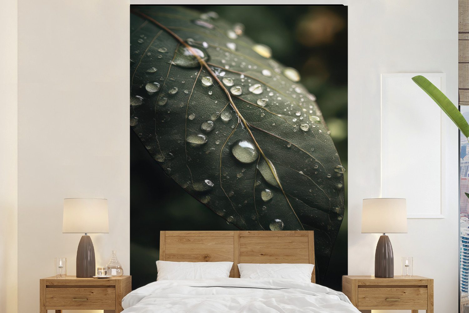 MuchoWow Fototapete Blatt - Grün - Venen - Regentropfen, Matt, bedruckt, Vliestapete für Wohnzimmer Schlafzimmer Küche, Fototapete, 180x280 cm