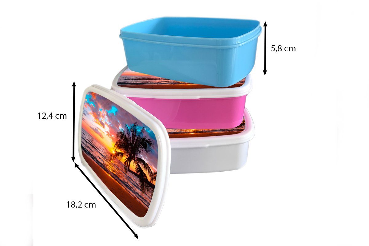 Sonnenuntergang Brotdose Horizont, Lunchbox Mädchen, für - Kunststoff Strand Snackbox, MuchoWow - Brotbox Erwachsene, rosa Kunststoff, - Palme Meer - (2-tlg), Kinder,