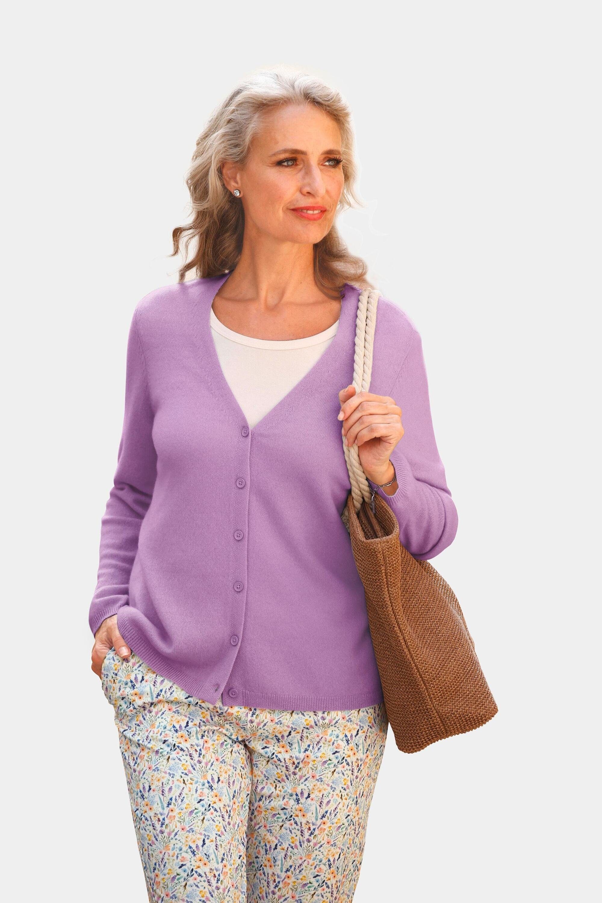 GOLDNER Weiche V-Ausschnitt Kaschmirstrickjacke violett Strickjacke mit