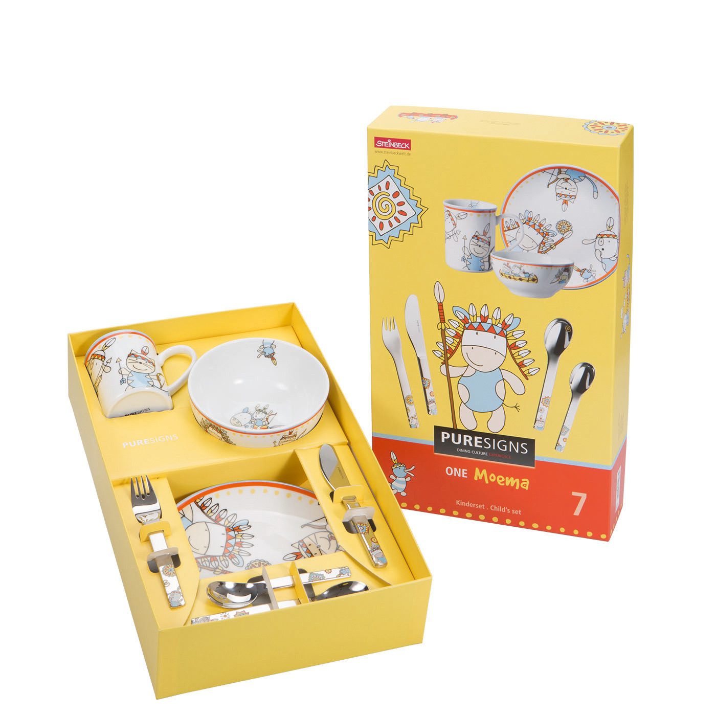 PURESIGNS Kindergeschirr-Set MOEMA (7-tlg), 1 Personen, Edelstahl 18/10, Porzellan, Plastikfreier Essgenuss für die Kleinen
