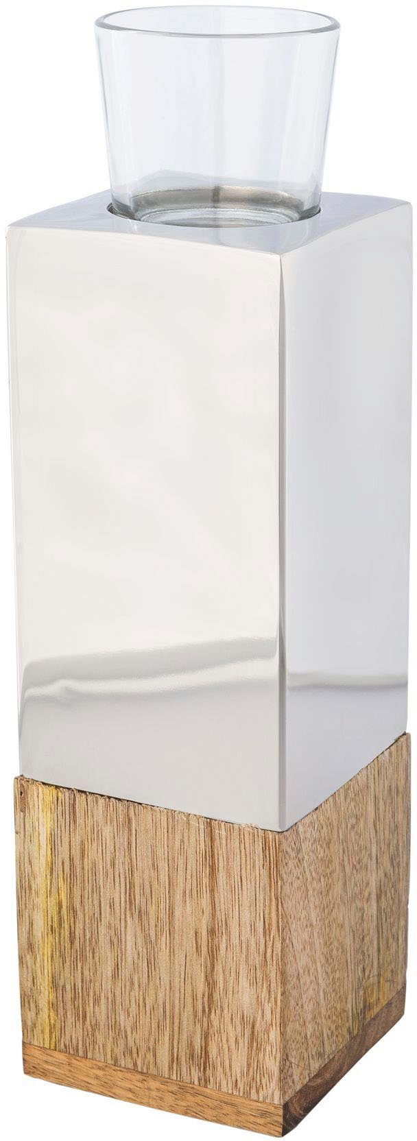 Creativ home Teelichthalter Kerzenhalter Tower (1 St), aus Holz, Edelstahl und Glas | Teelichthalter