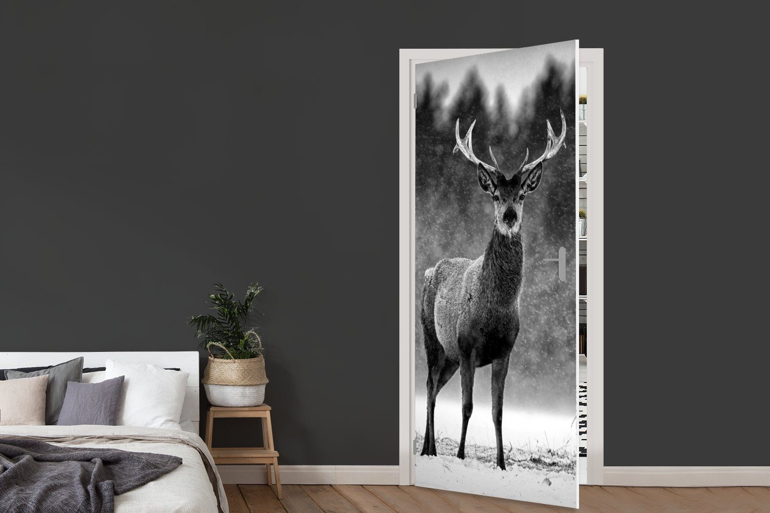 cm Tür, Türtapete Hirsche 75x205 Fototapete Tiere (1 Türaufkleber, für bedruckt, MuchoWow - Matt, Winter - Schwarz - St), - Weiß,