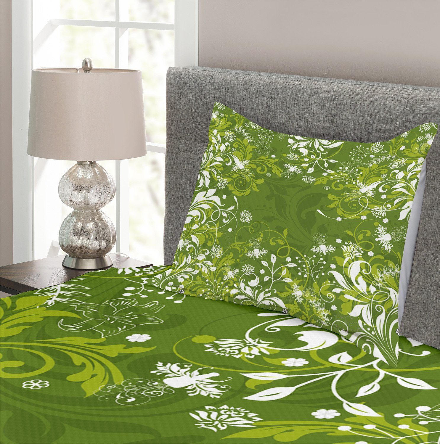 Tagesdecke Set mit Kissenbezügen Abakuhaus, Floral Natur Abstract Grün Waschbar