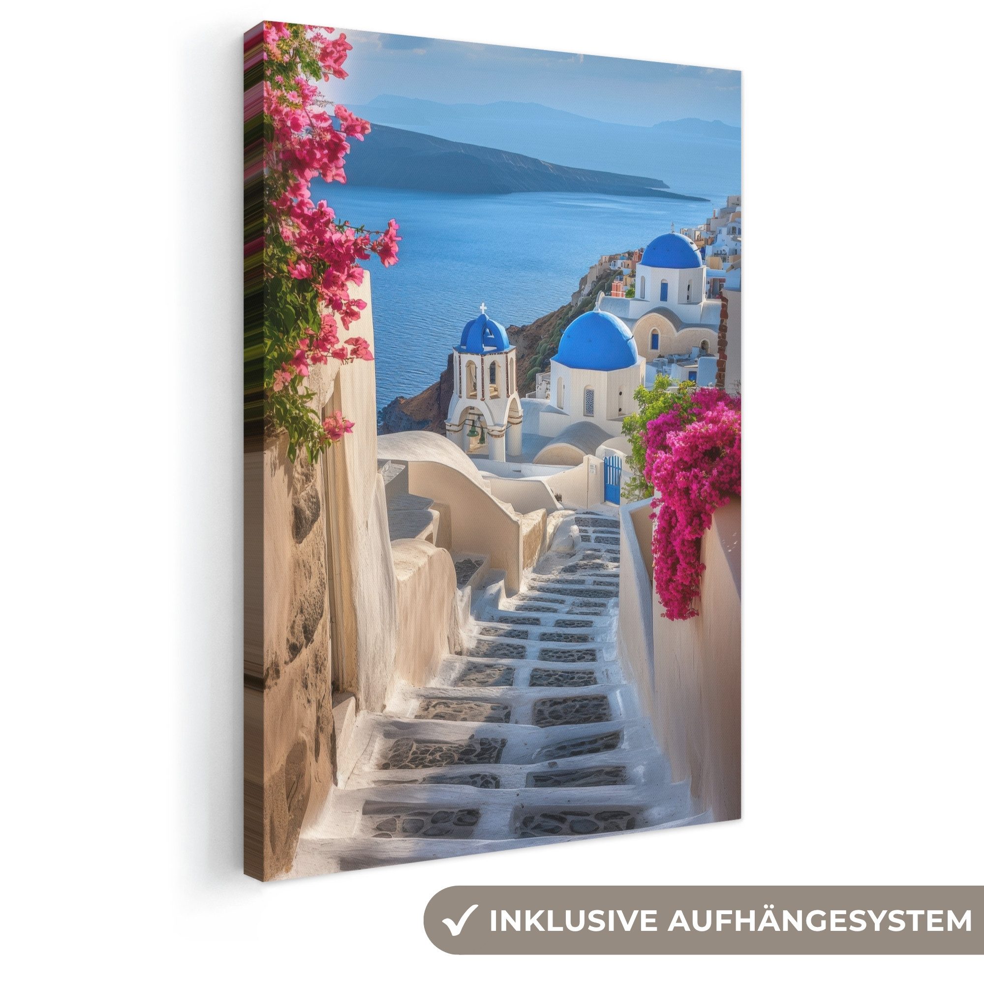 OneMillionCanvasses® Leinwandbild Santorin - Blumen - Griechenland, Fotodruck (1 St), Leinwand Canvas Wandbild, Wanddekoration 20x30 cm