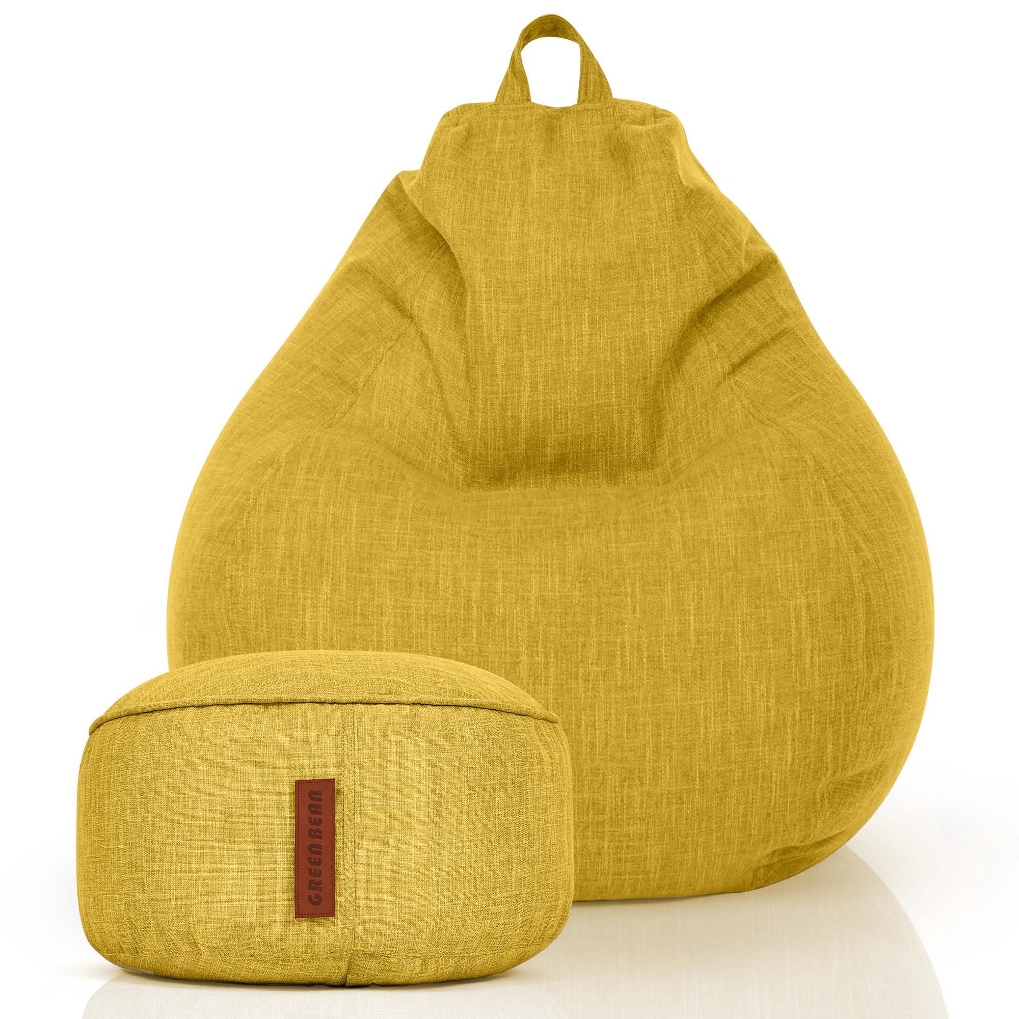 Green Bean Sitzsack Home-Linen (2er Set Indoor Sitzsack (80 x 90 x 50 cm) + Sitzpouf (25 x 45 cm) mit EPS-Perlen Füllung -, Fußhocker Fußkissen Sitz-pouf Bodenkissen Liegekissen), Sitzkissen Lounge Chair Sitzhocker Relax-Sessel Bean Bag Gelb