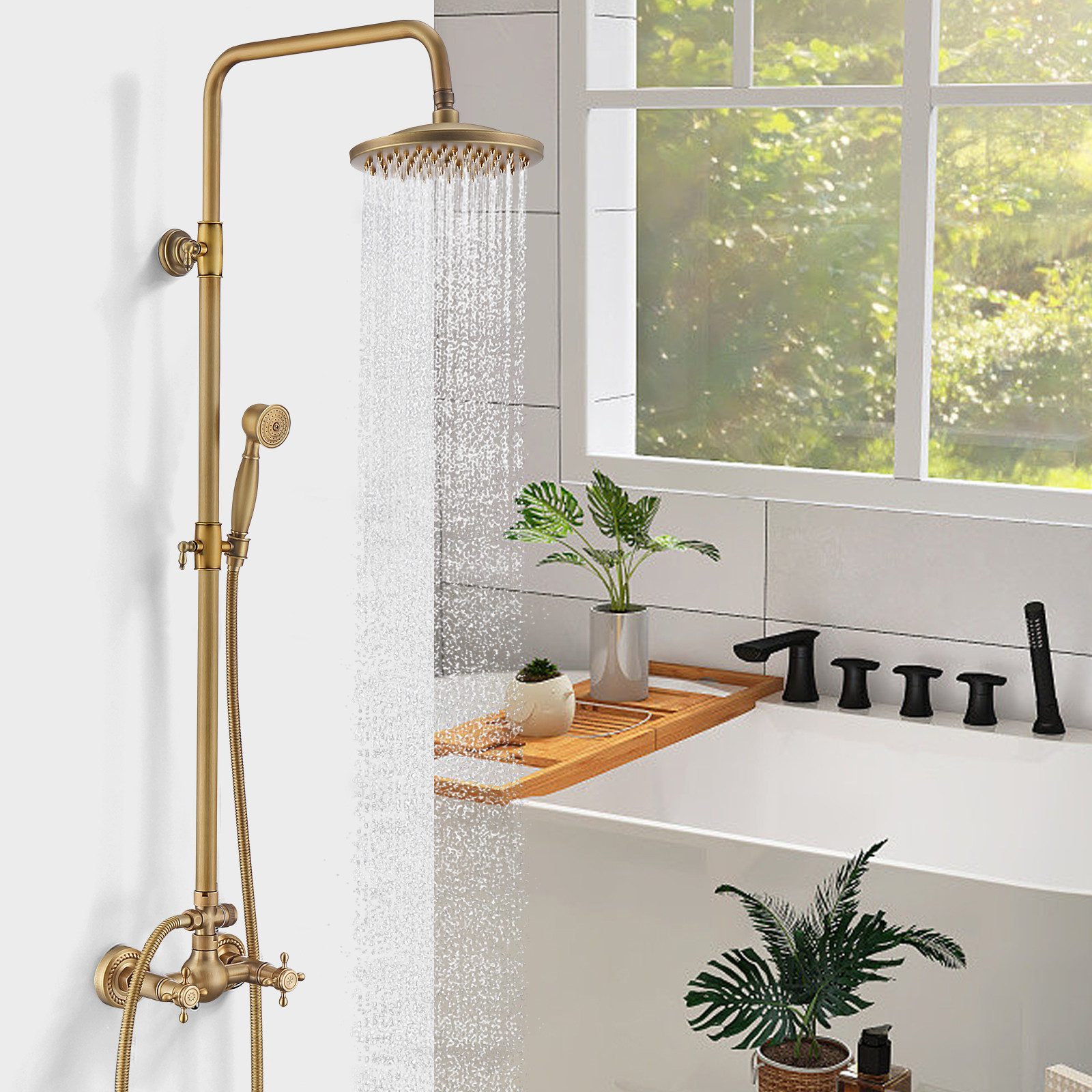 HOMELIVE Duschsystem Retro Messing Duscharmatur Set Antik Gold Dusche mit Regendusche, Duschset mit 8" Regendusche Handbrause Kopf