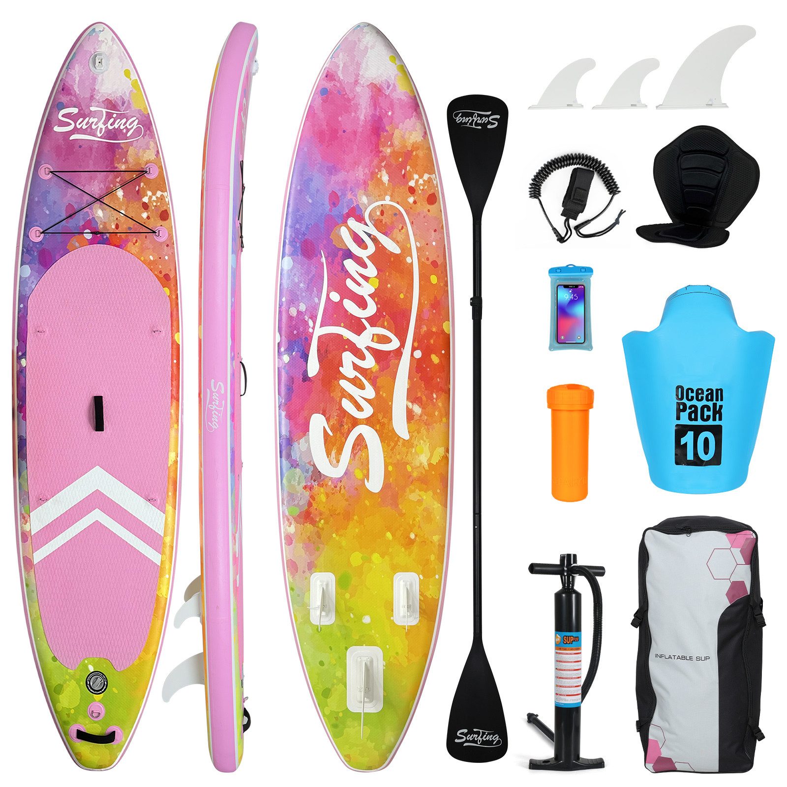 Puluomis Inflatable SUP-Board Set aufblasbar mit Halter, Sitz und Fußband, MB. bis 150Kg, 335/320cm, Surfbrett Paddling Paddelboard