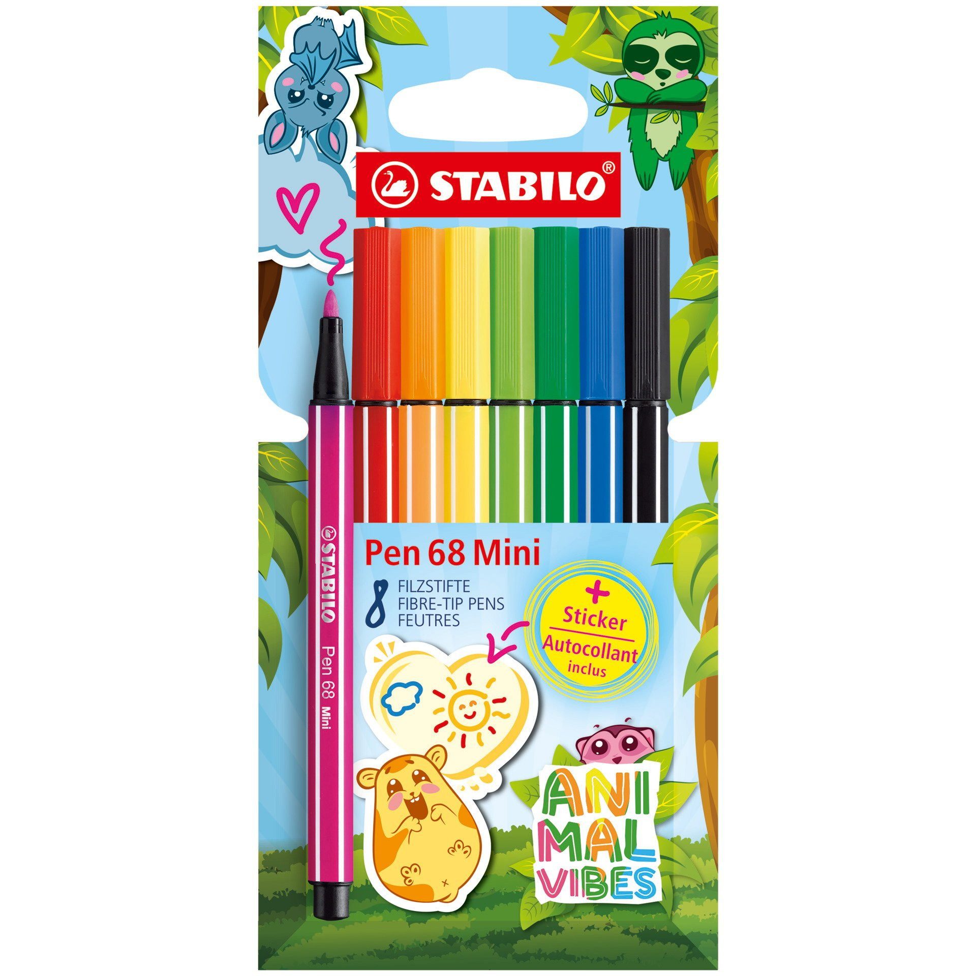 STABILO Filzstift Pen 68 Mini Animal Vibes Filzstifte 8er Set, 24 Stunden Austrocknungsschutz