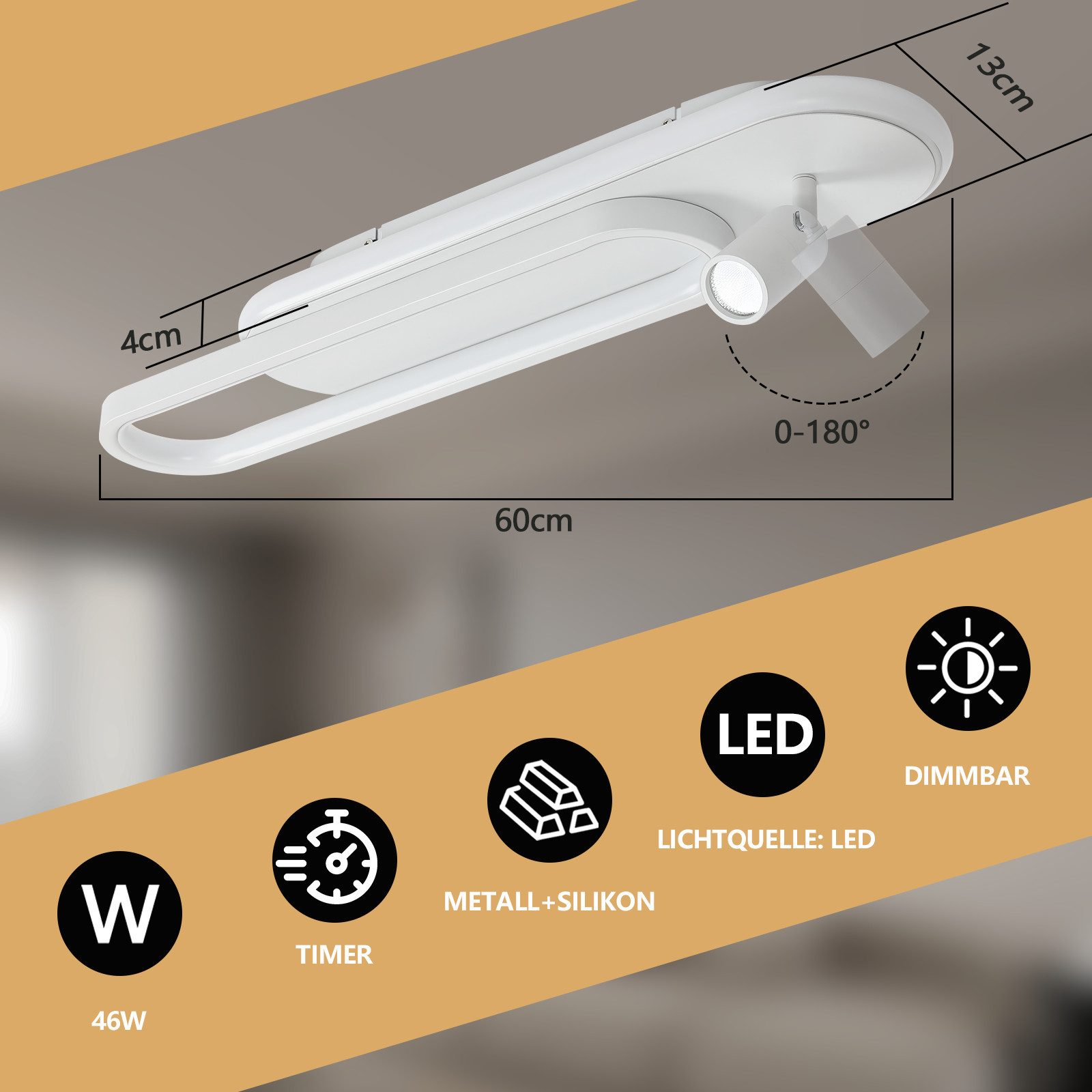 Nettlife LED Deckenleuchte Küche 46W Moderne stufenlos dimmbar schwarz/Weiß Spots, 3000K-6500K, LED fest integriert, Deckenlampe für Wohnzimmer Schlafzimmer Gal – Bild 4 von 5