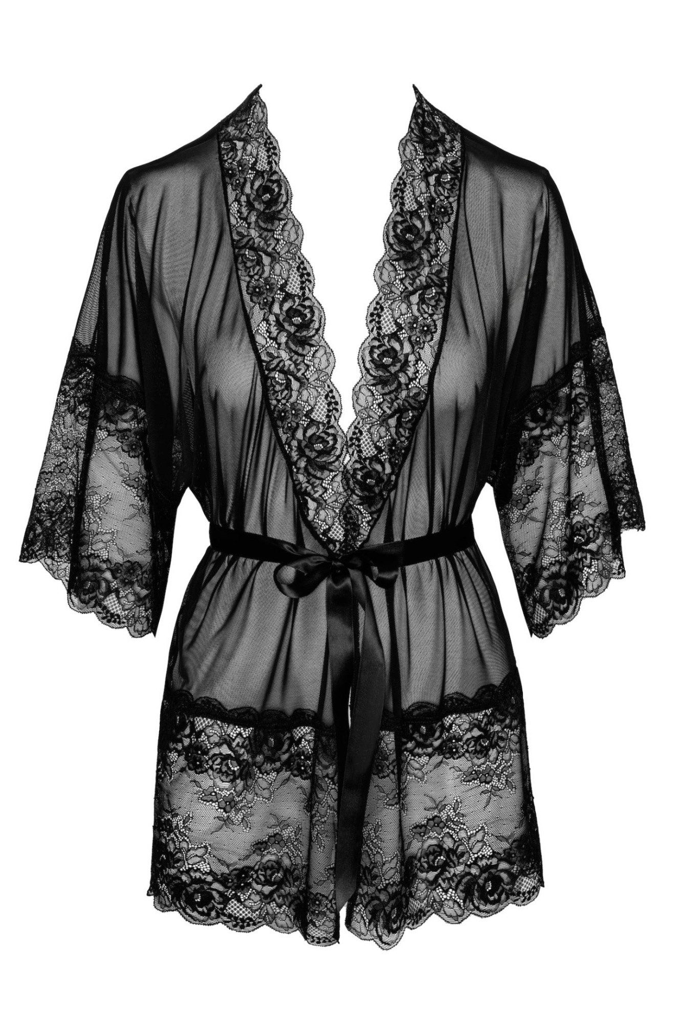 Kissable Morgenmantel Schwarzes Negligee aus Netz und Spitze Kimono floral gemustert tarnsp