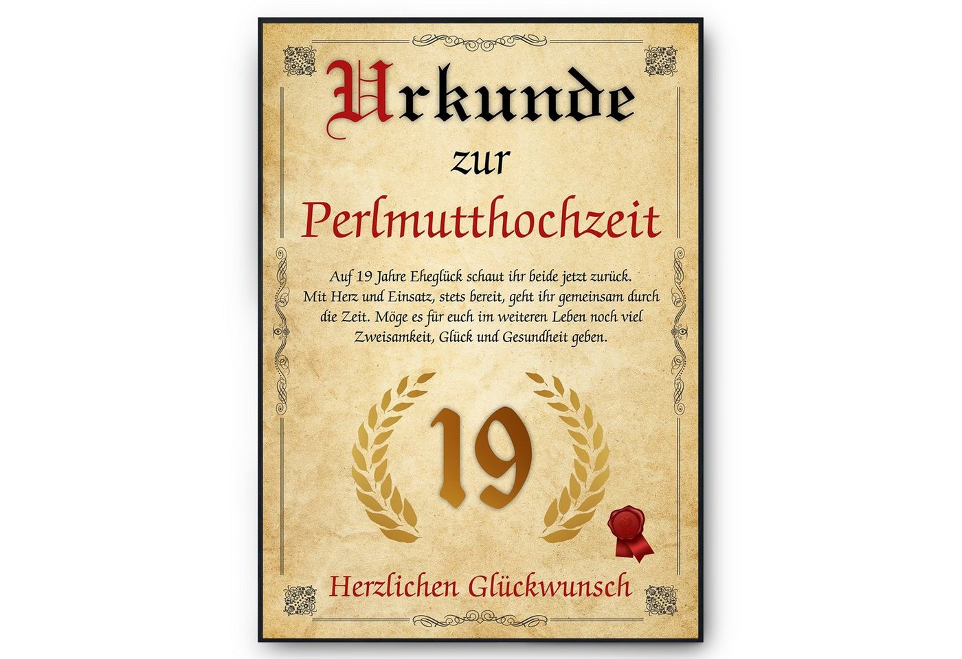 Tigerlino Poster Urkunde zum 19. Hochzeitstag Geschenk 19. Jahrestag Karte Ehepaar, Perlmutthochzeit