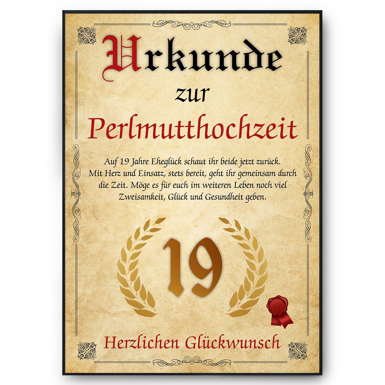 Tigerlino Poster Urkunde zum 19. Hochzeitstag Geschenk 19. Jahrestag