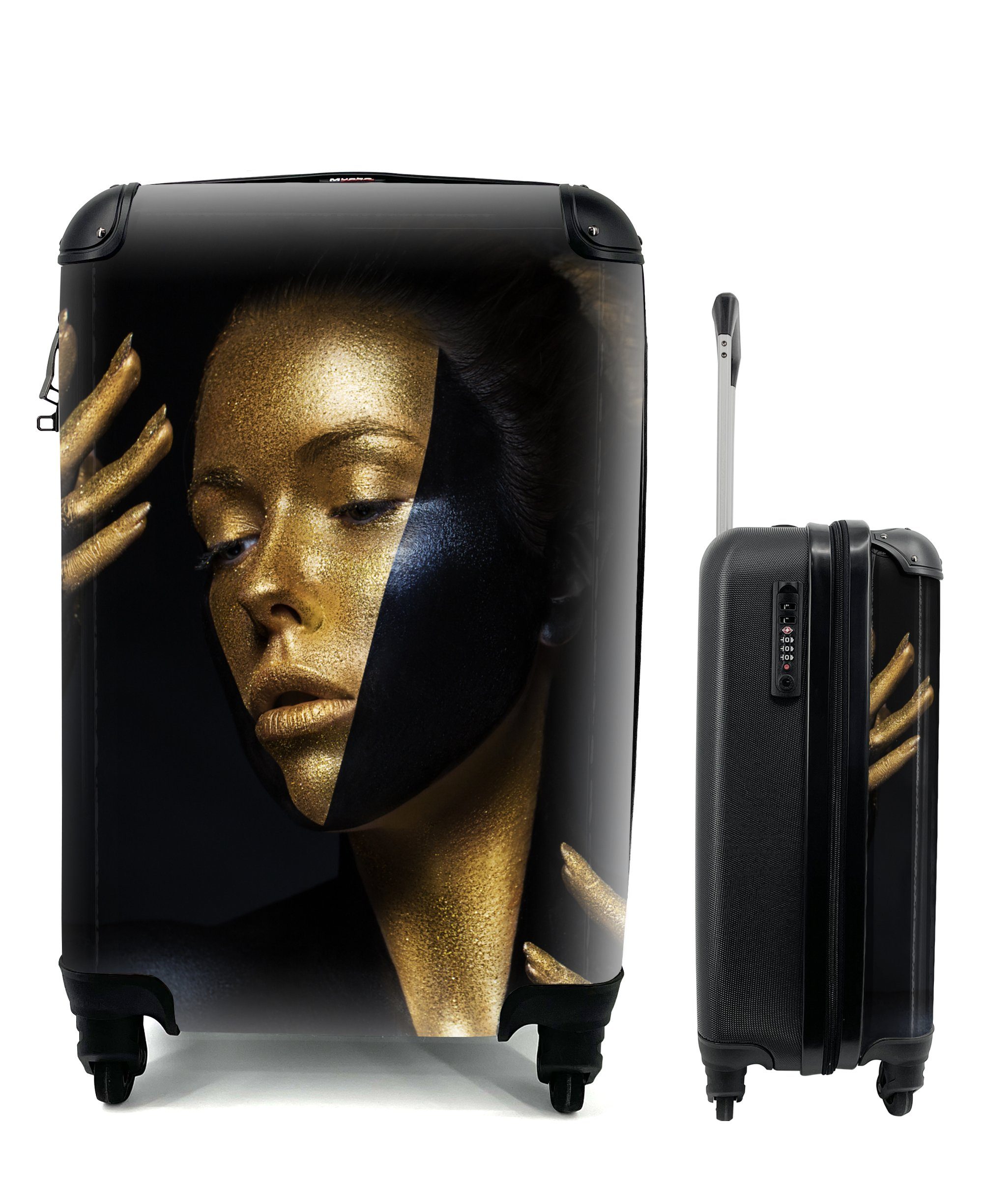 MuchoWow Handgepäckkoffer Make-up - Kunst - Frau - Luxus - Gold, 4 Rollen, Reisetasche mit rollen, Handgepäck für Ferien, Trolley, Reisekoffer