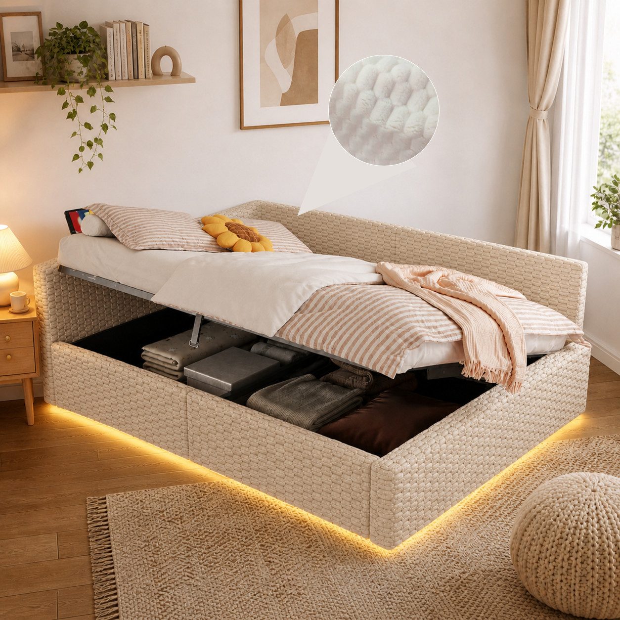 Flieks Daybett, Hydraulisches Polsterbett 140x200cm mit LED-Beleuchtung und Aufladen