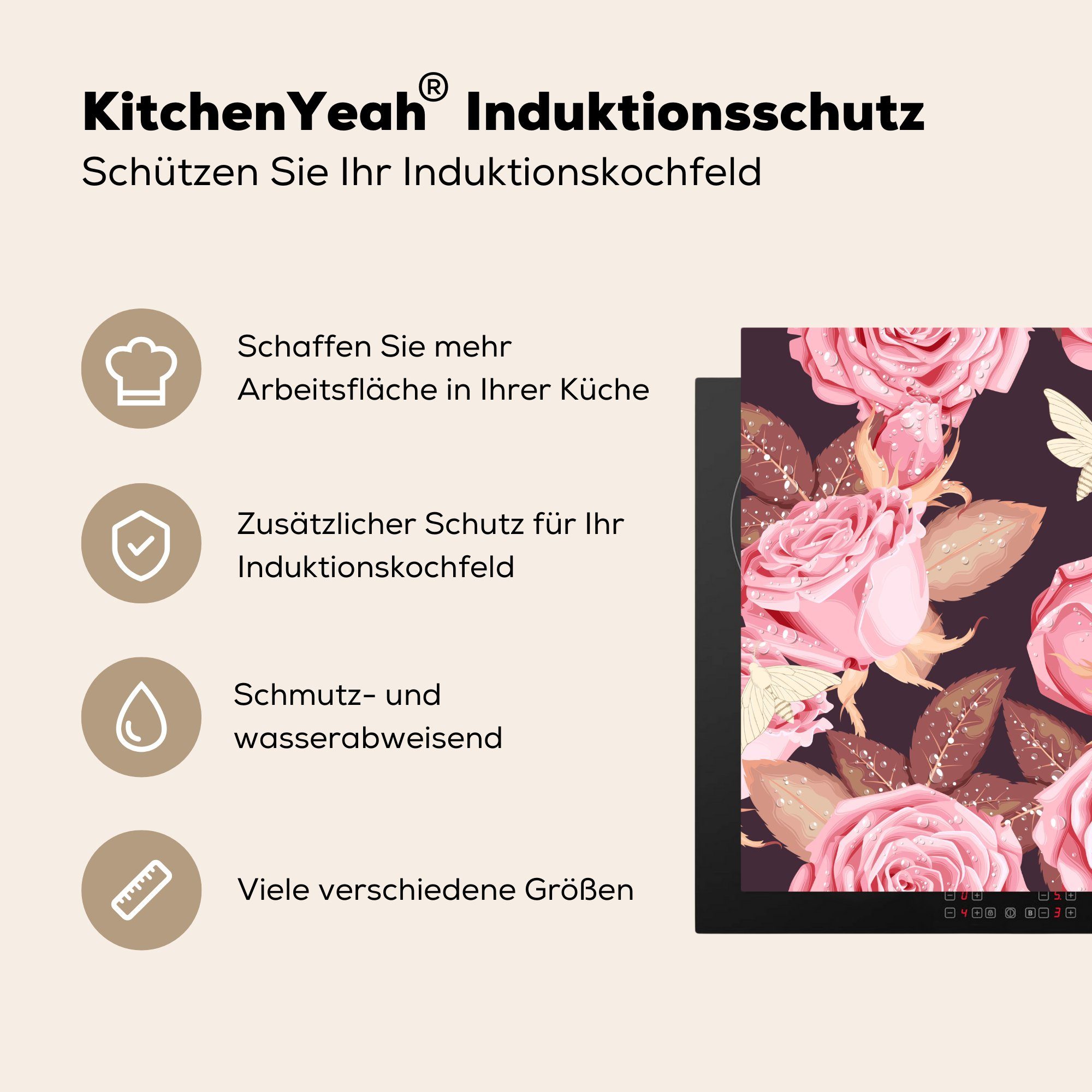 küche Blumen Vinyl, (1 MuchoWow cm, Arbeitsplatte Ceranfeldabdeckung, tlg), Rosen 78x78 für - - Herdblende-/Abdeckplatte Rosa,