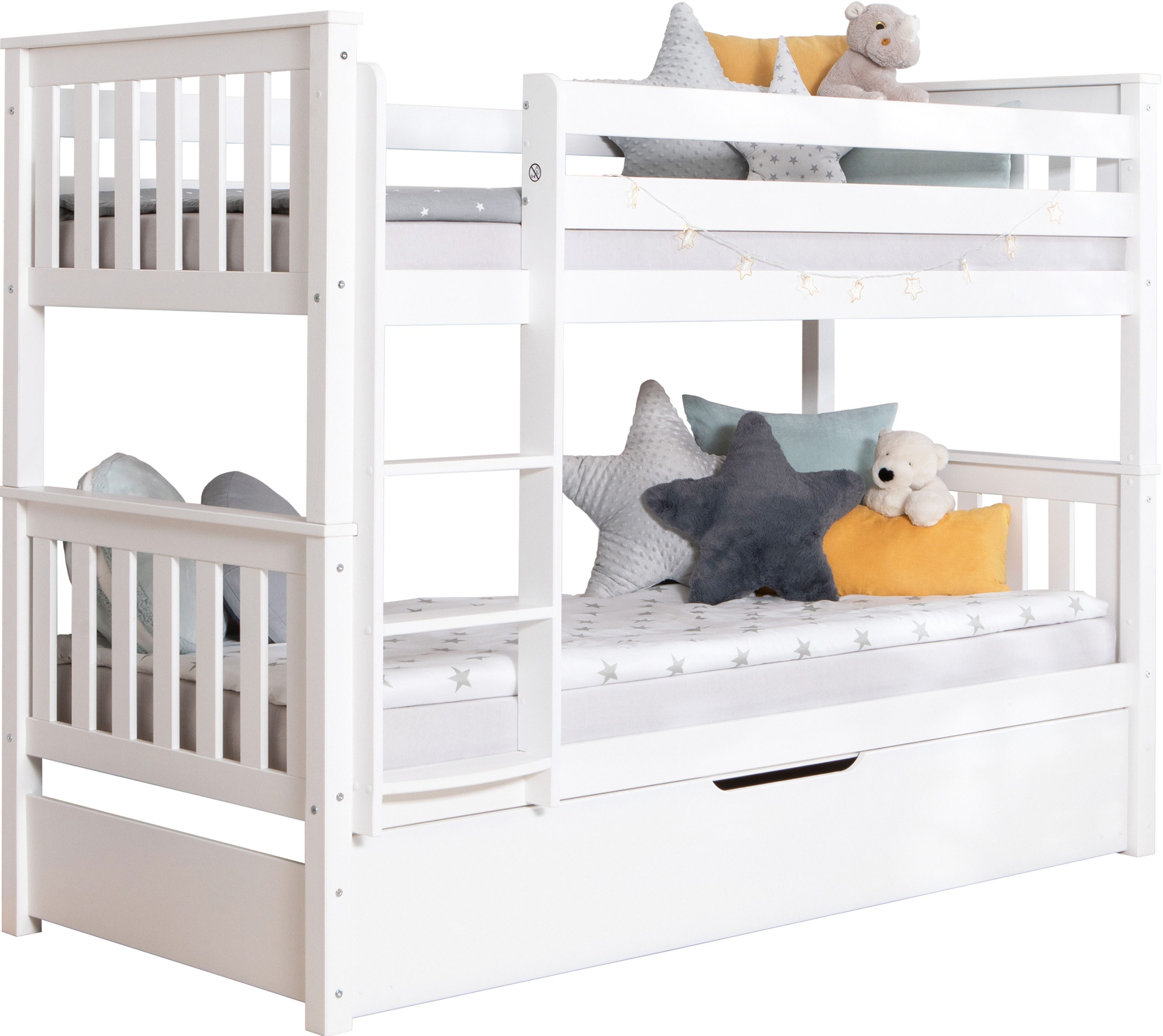 Ticaa Etagenbett Sammy, umbaubar zu 2 Einzelbetten, edles Design im Landhausstil (90x200cm), inklusive Schubkasten, 2x Rollrost, zertifiziertes Massivholz Kiefer