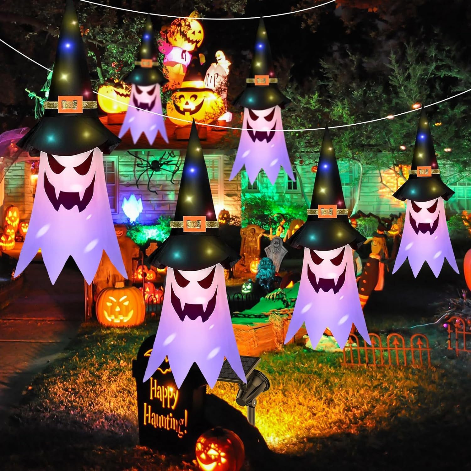 FELIXLEO LED-Dekofigur Halloween Deko Outdoor, 5 Hänge-Geisterhüte mit LED-Lichterkette (1 St) – Bild 5 von 5