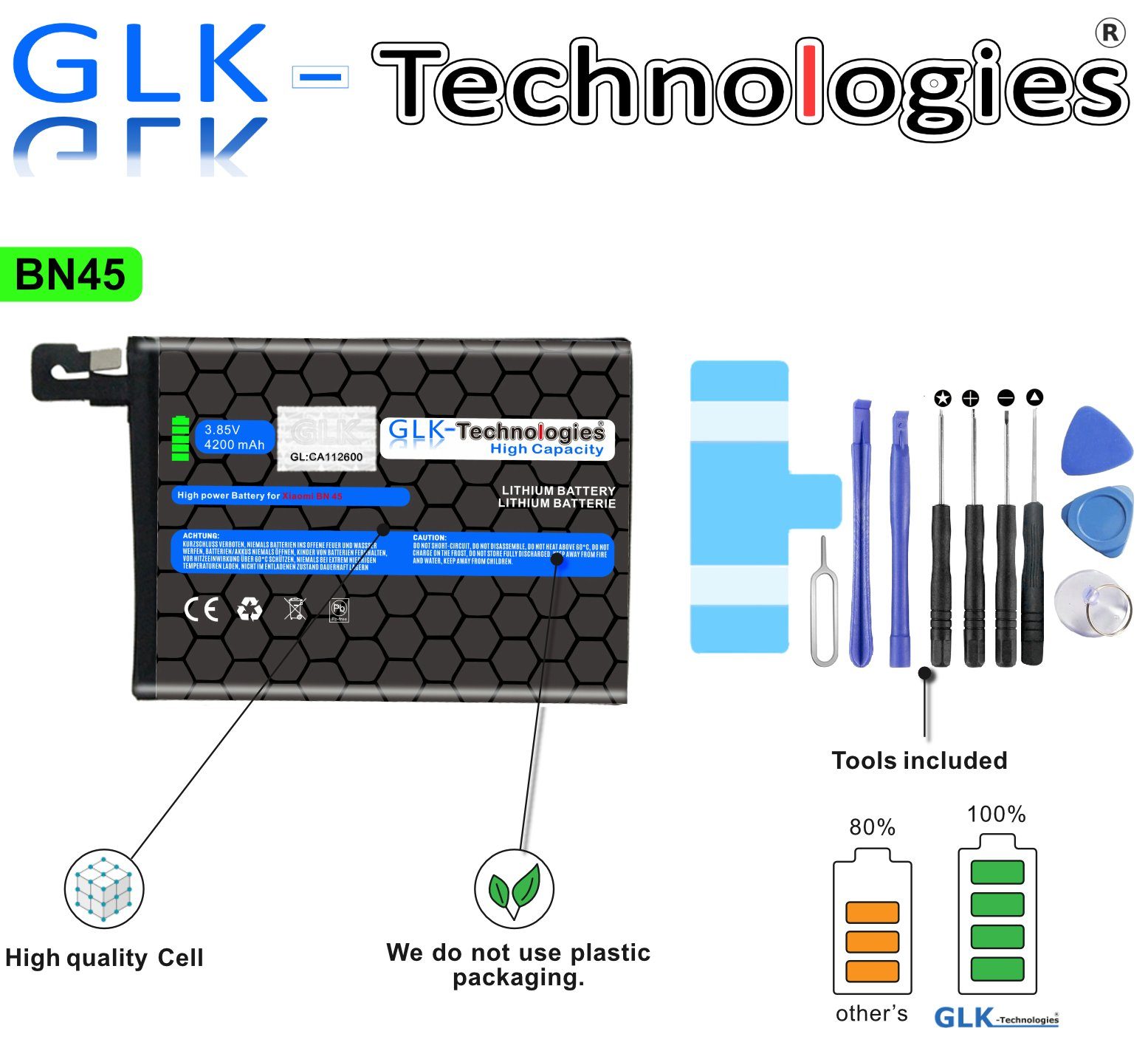 GLK-Technologies High Power Ersatzakku BN45 für Xiaomi Mi Note 2 Redmi Note 5, Original GLK-Technologies Battery, accu, 4200mAh Akku, inkl. Werkzeug Set Kit NEU Smartphone-Akku 4200 mAh (3.8 V)