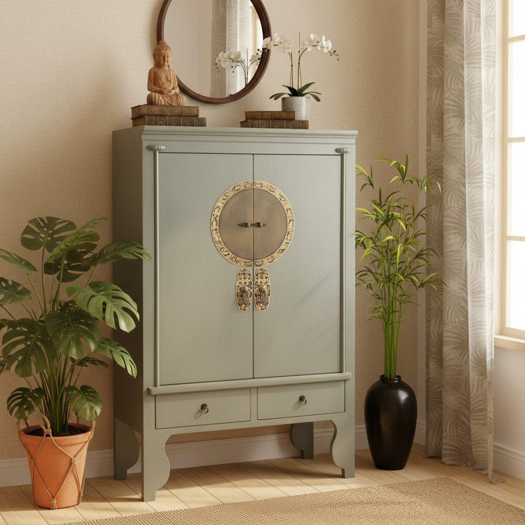 OPIUM OUTLET Kleiderschrank Asia Hochzeitsschrank Schrank Kommode Hochkommode (oliv-grün, Möbel komplett montiert, Breite x Höhe x Tiefe: 105 x 55 x 175 cm) chinesisch asiatisch orientalisch Vintage-Stil
