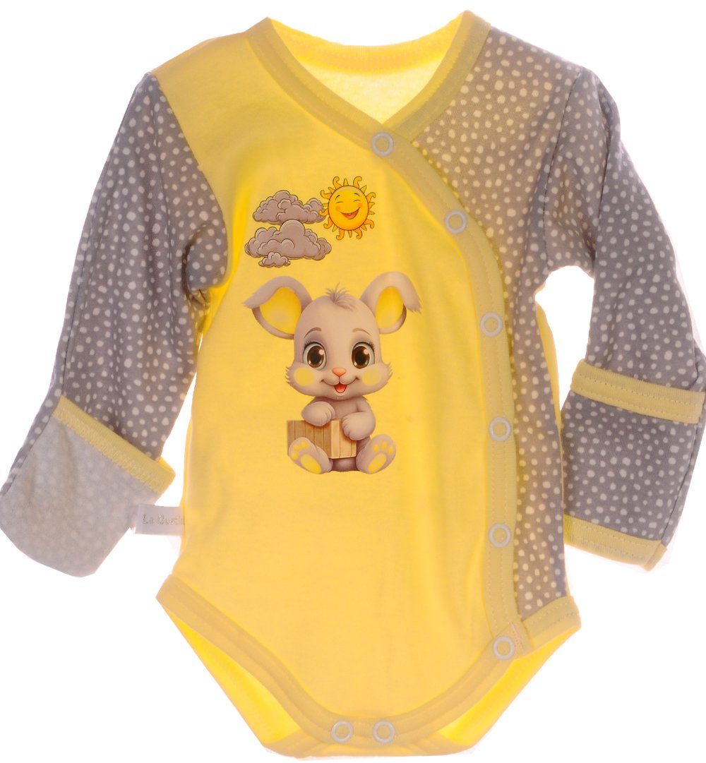 Body Wickelbody Baby Body Langarmbody mit Kratzschutz in Gelb mit Hase
