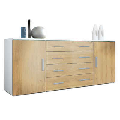 Vladon Sideboard Faro (Kommode, mit 2 Türen und 4 Schubladen), Weiß matt/Eiche Natur (166 x 72 x 35)