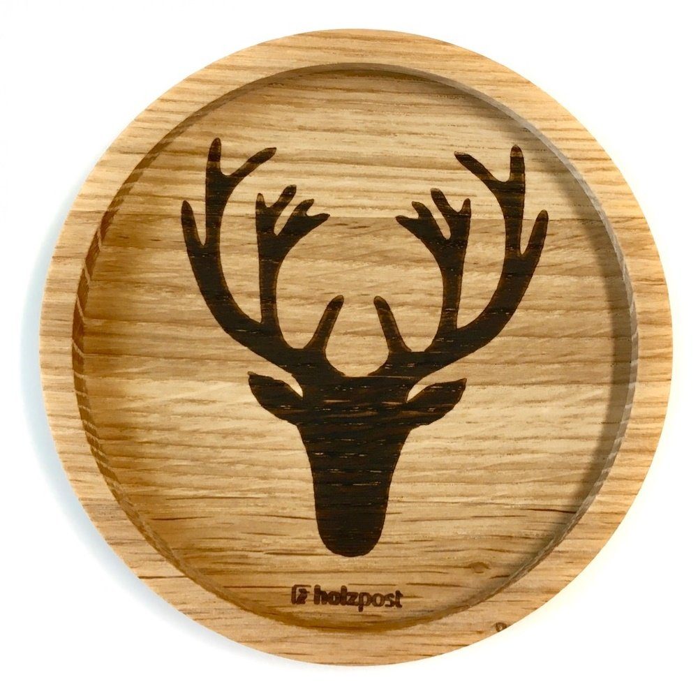 holzpost GmbH Getränkeuntersetzer Holzuntersetzer "Hirsch", Untersetzer aus massiver Eiche