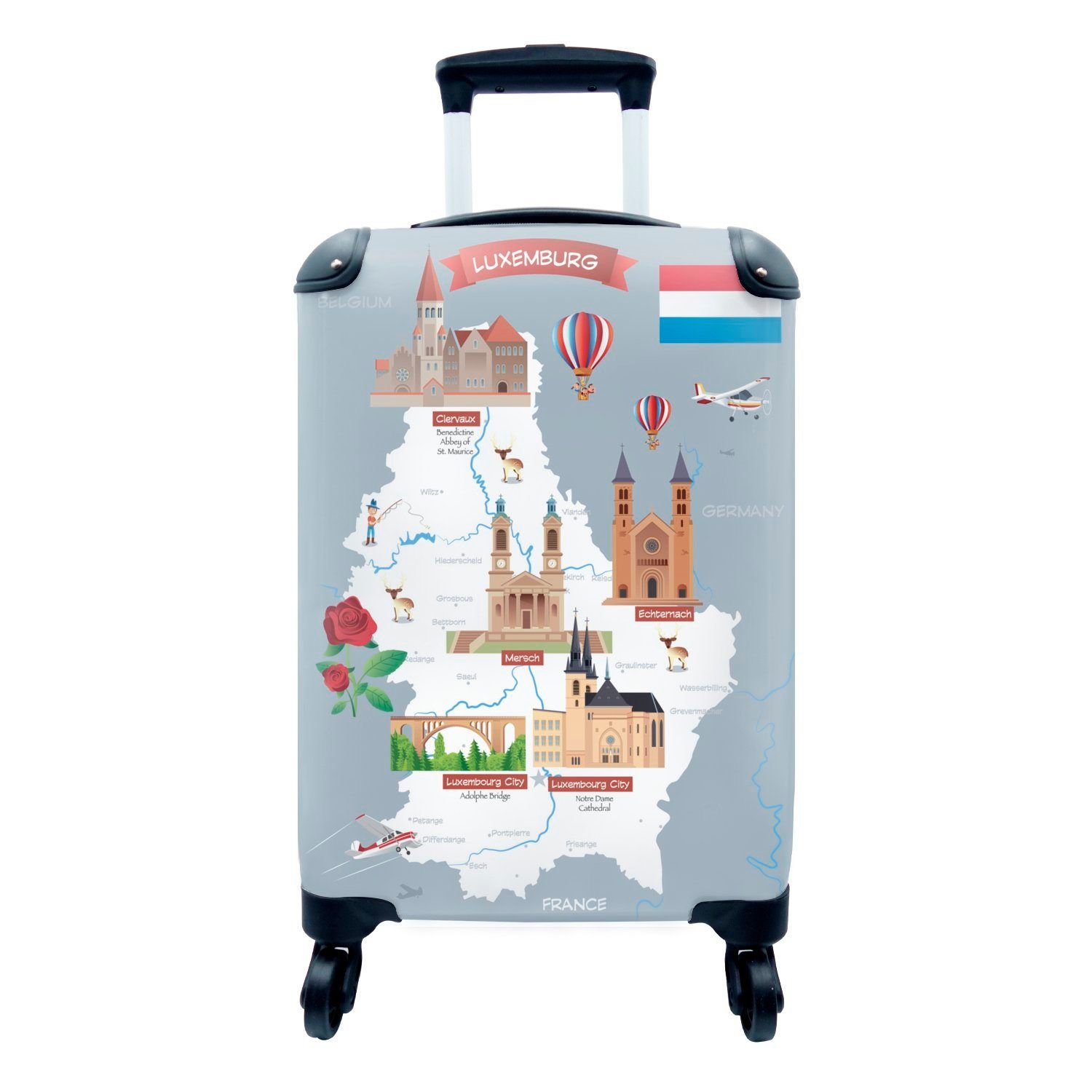 MuchoWow Handgepäckkoffer Illustration einer Karikatur von Luxemburg, 4 Rollen, Reisetasche mit rollen, Handgepäck für Ferien, Trolley, Reisekoffer