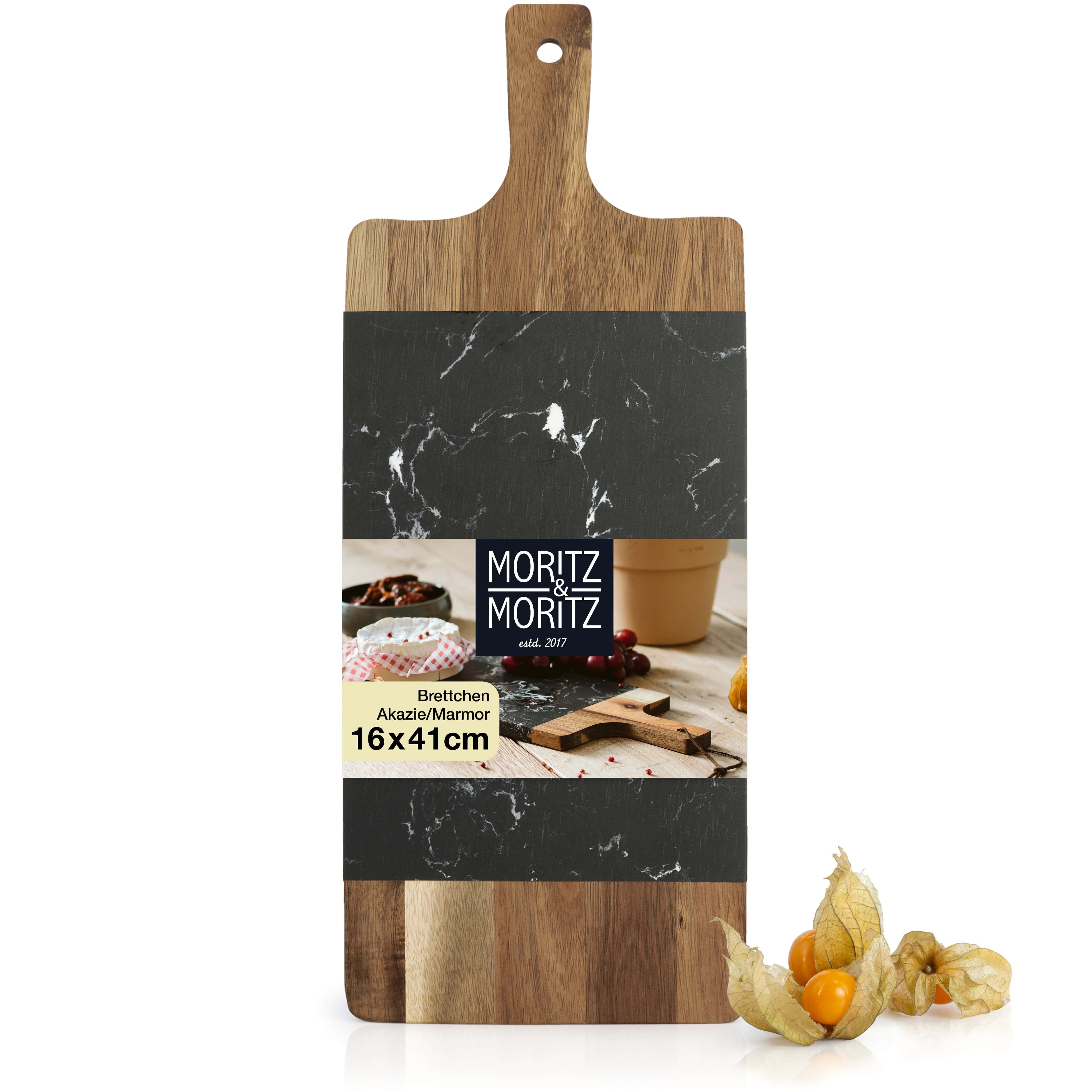 Moritz & Moritz Servierbrett Servierbrett Holz mit Marmor-Platte, Akazienholz/Marmor, (41x16x1,3 cm, 1-St), zum Anrichten und Servieren von Käse, Fisch, Fleisch u.v.m.