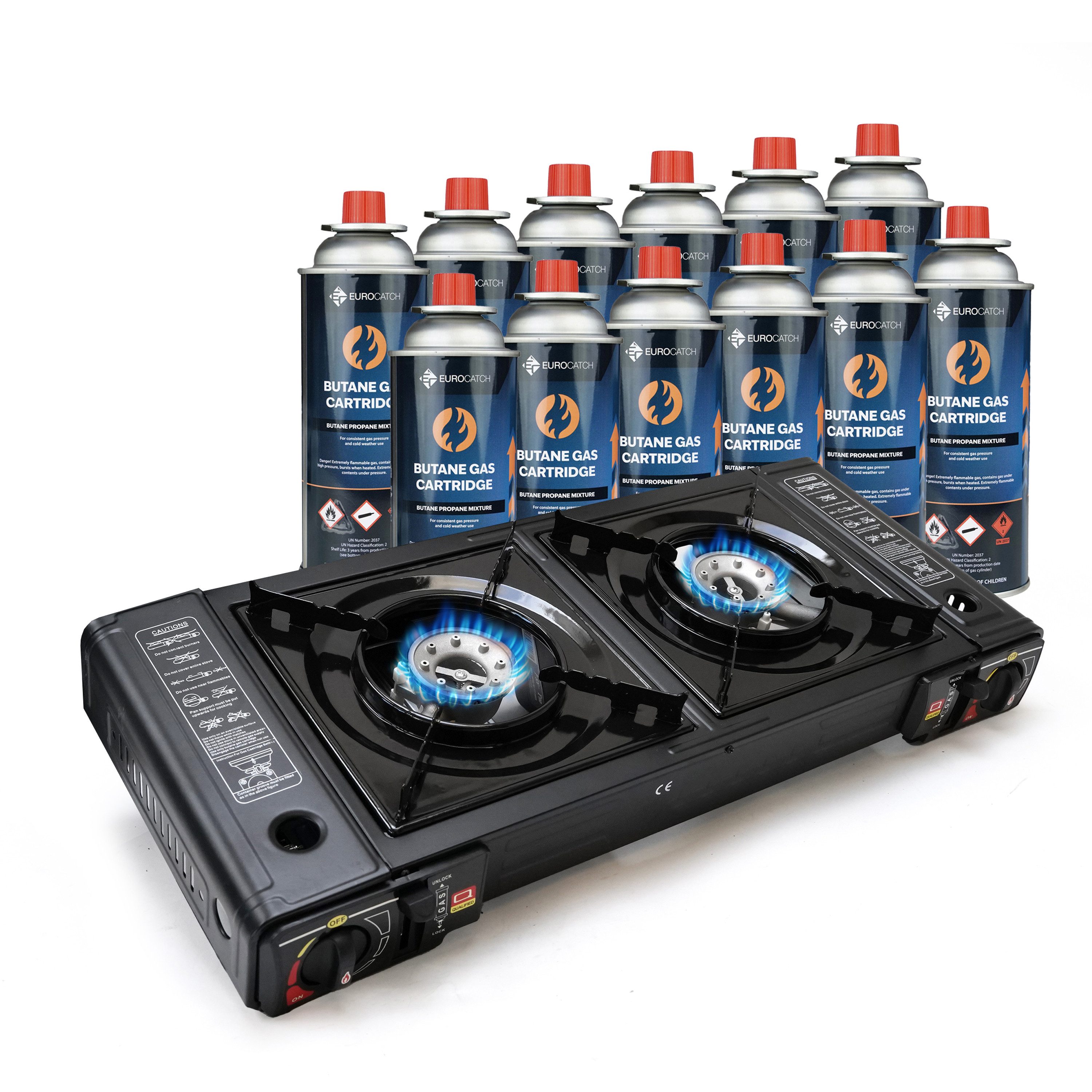 Eurocatch Fishing Gaskocher Eurocatch 2-Flammen-Campingkocher, (Set, 8-St., 2-Flammen-Gaskocher mit 8 Butan-Gaskartuschen), zwei unabhängig regelbare Brenner, integrierte Kartuschenfächer