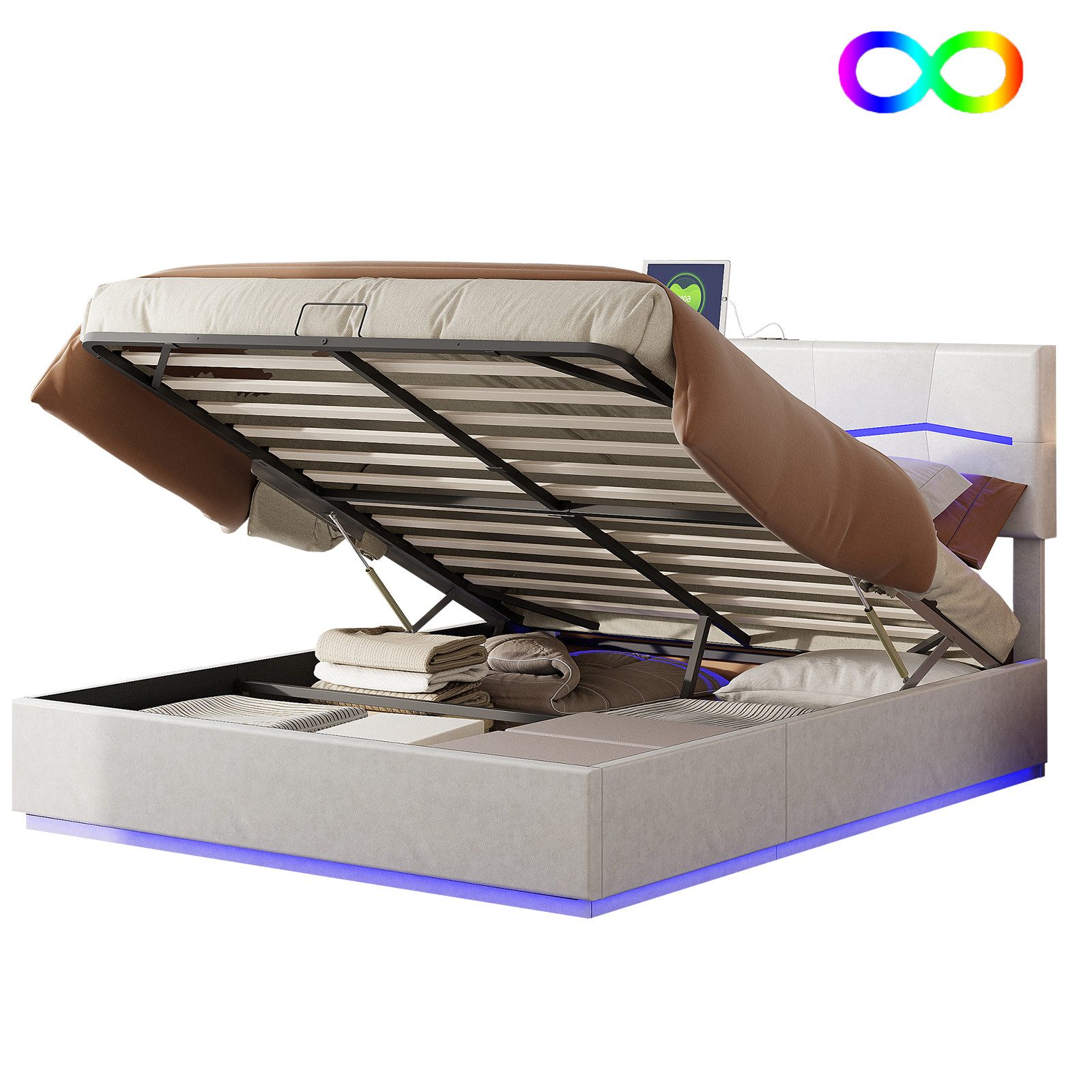 FUROKOY Boxspringbett 140x200cm LED Doppelbett Stauraumbett günstig online kaufen