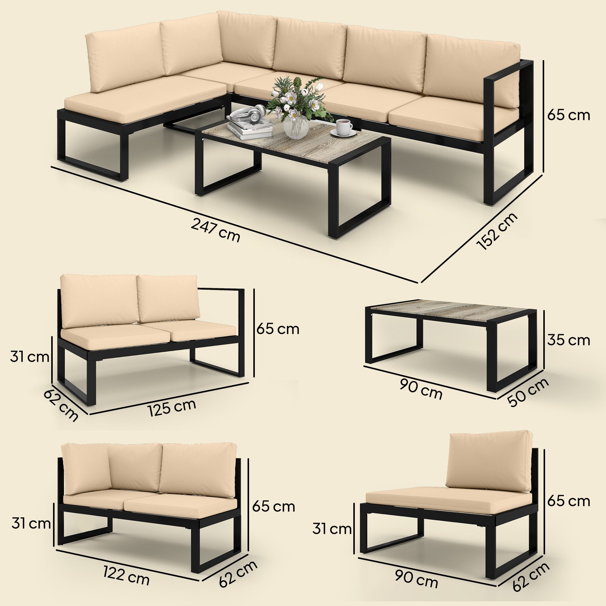 Outsunny Sitzgruppe 2 Zweisitzer Couchtisch, (Set, 4-tlg., Sofa-Set), Modulares 4-teiliges Gartenlounge-Set