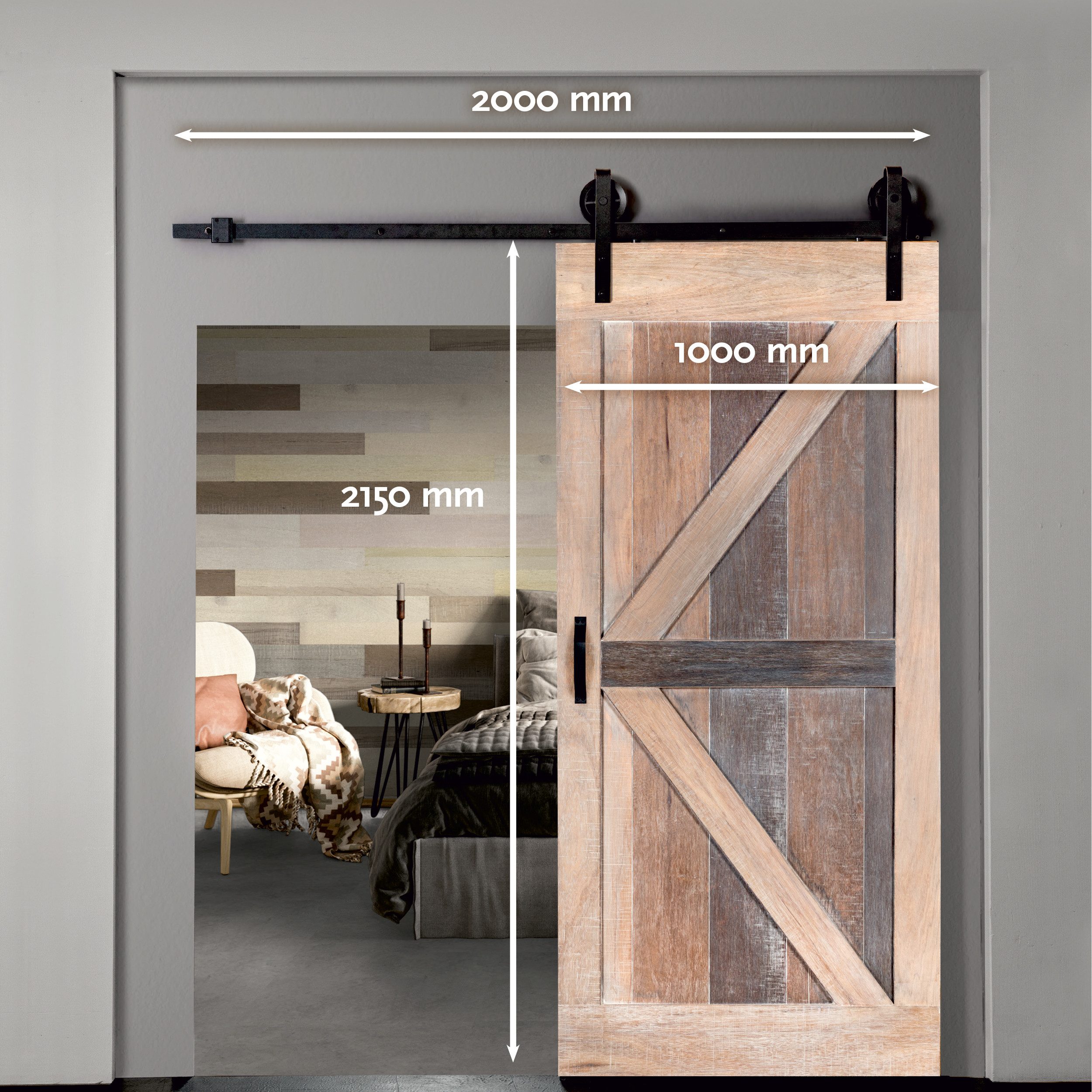 INDO Schiebetür Premium Holzschiebetür Scheunentor, 100x215 cm, leicht zu installieren (Versandkostenfreie Lieferung), handgefertigte Echtholz Schiebetür