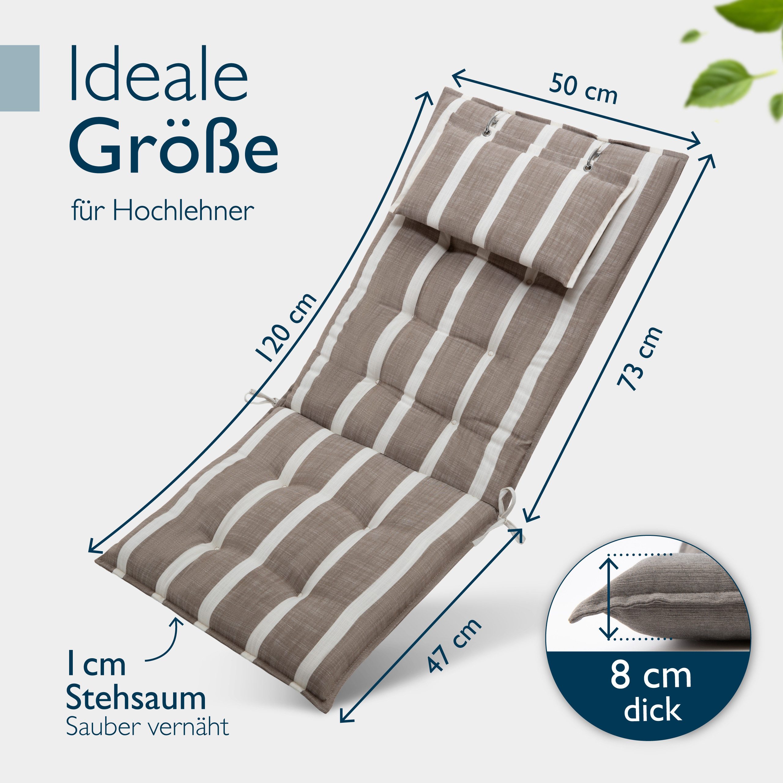 Beautissu Hochlehnerauflage Premium Hochlehner Auflage Kopfpolster Sun Sun-HL, 120x50cm, Weiß, Mit Kopfpolster, rutschfest & robust – Befestigungsbänder, UV 5