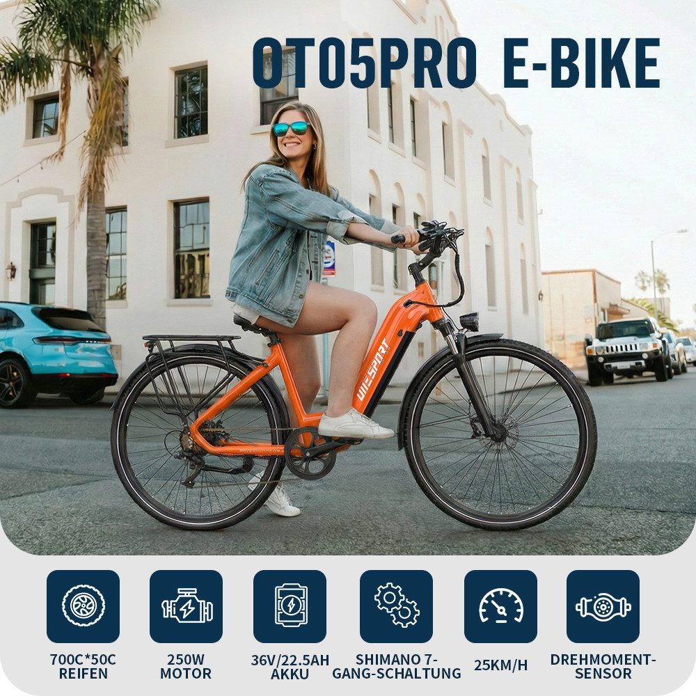 Onesport E-Bike Cityrad OT05pro Elektrofahrrad herren u. damen 700C*50C 22.5AH 36V 810WH, 7 Gang, Heckmotor, 810 Wh, (mit Schutzbleche), Cityrad 7 Gang Shimano, hydraulischen Scheibenbremse, Kettenschaltung