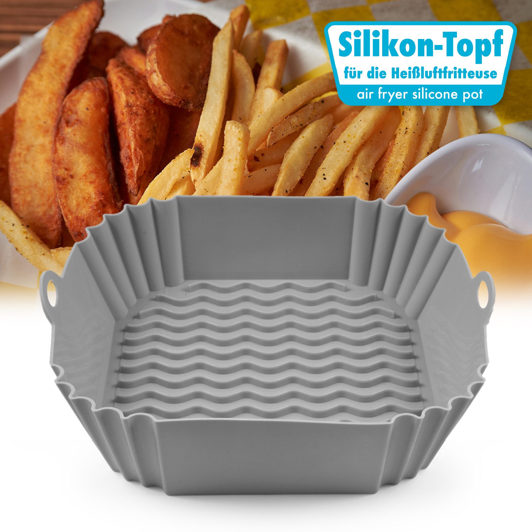 SHIBBY Silikonform für Heißluftfritteusen (5-7,2 L): Leicht zu reinigen, hitzebeständig, (3-tlg), Blau / Grau / Schwarz