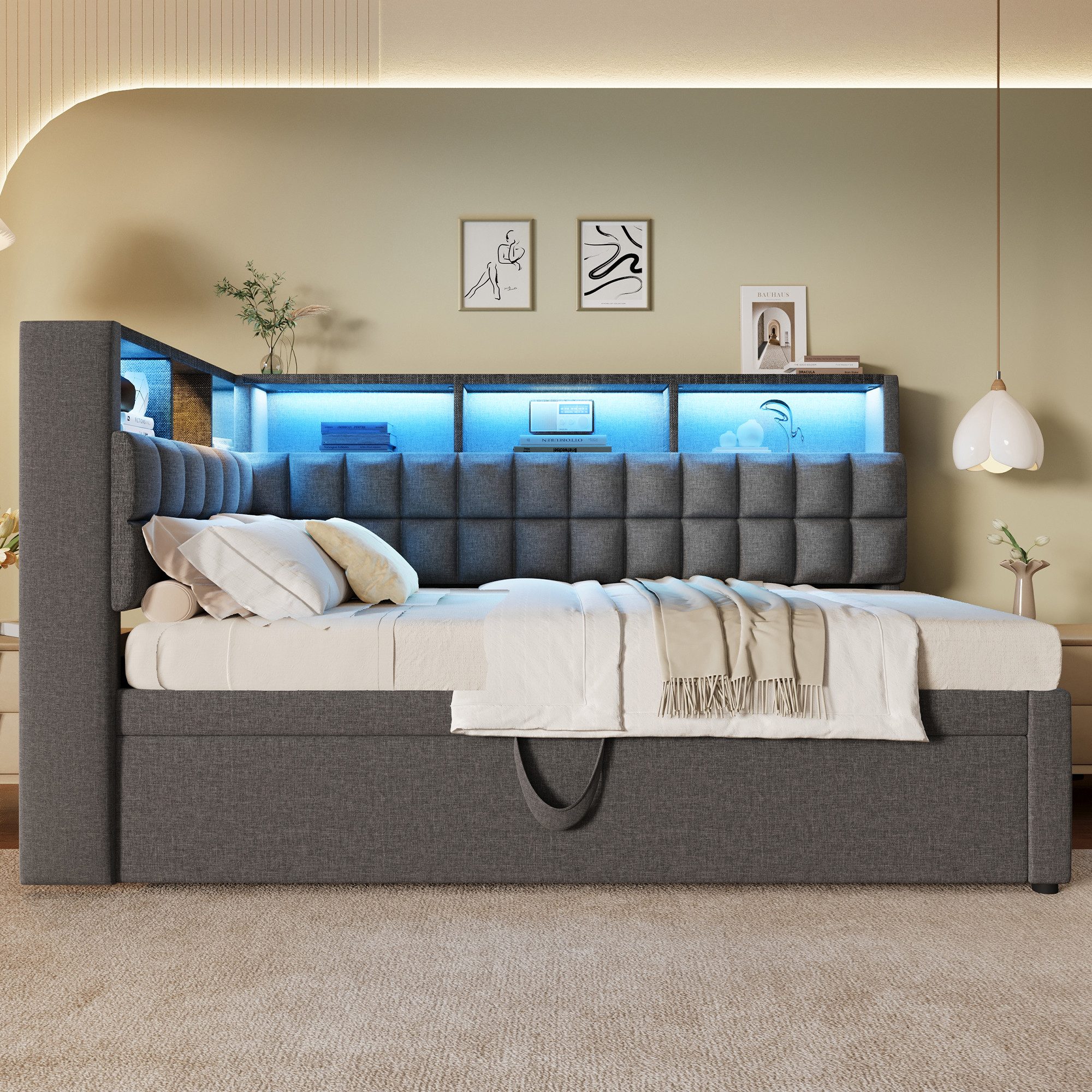 MODFU Polsterbett Inkl. LED, Bluetooth & USB-C, Maße 90x200 cm (Funktionsbett, 1-tlg., Mit L-Kopfteil als komfortable Schlaf- und Ruhelösung), Platzsparendes Ausziehbett mit Stauraum(ohne Matratze)