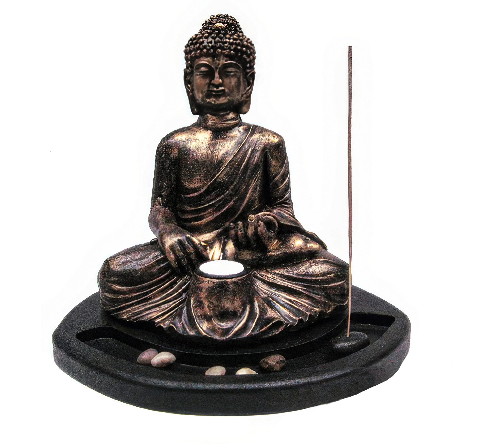 Yudu Dekofigur XXL Zen-Garten mit sitzendem Buddha Teelichthalter & Räucherstäbchen