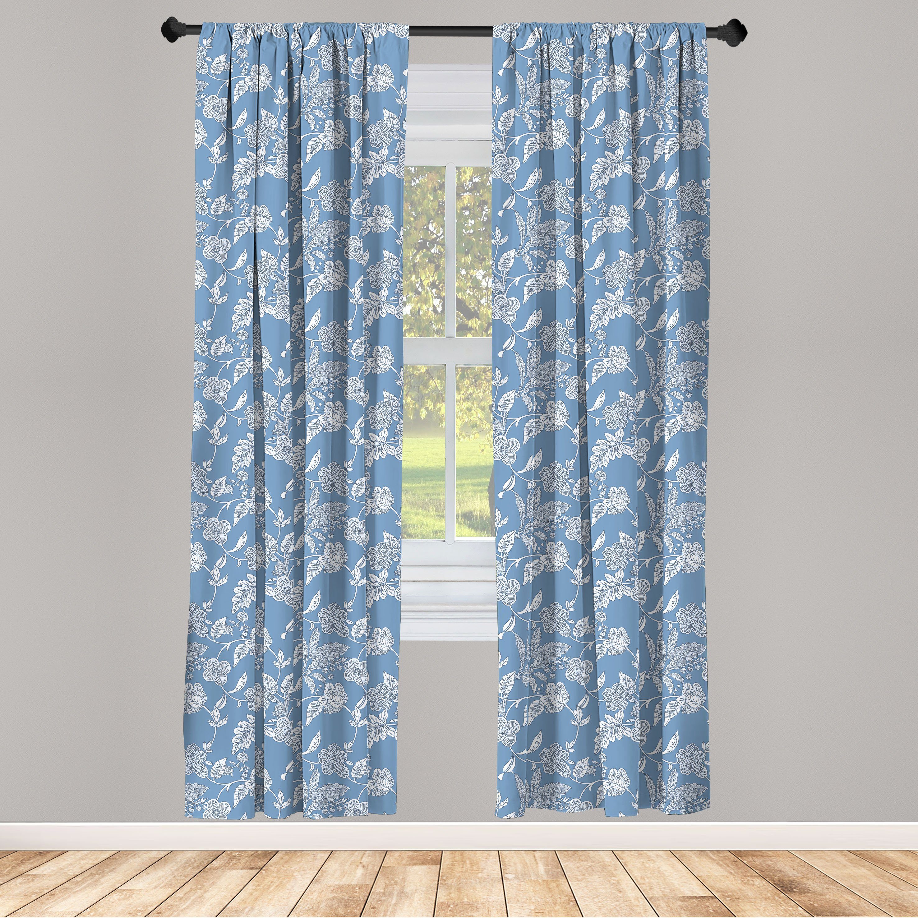 Gardine Vorhang für Wohnzimmer Schlafzimmer Dekor, Abakuhaus, Microfaser, Blau und weiß Garten-Blumen-Motiv