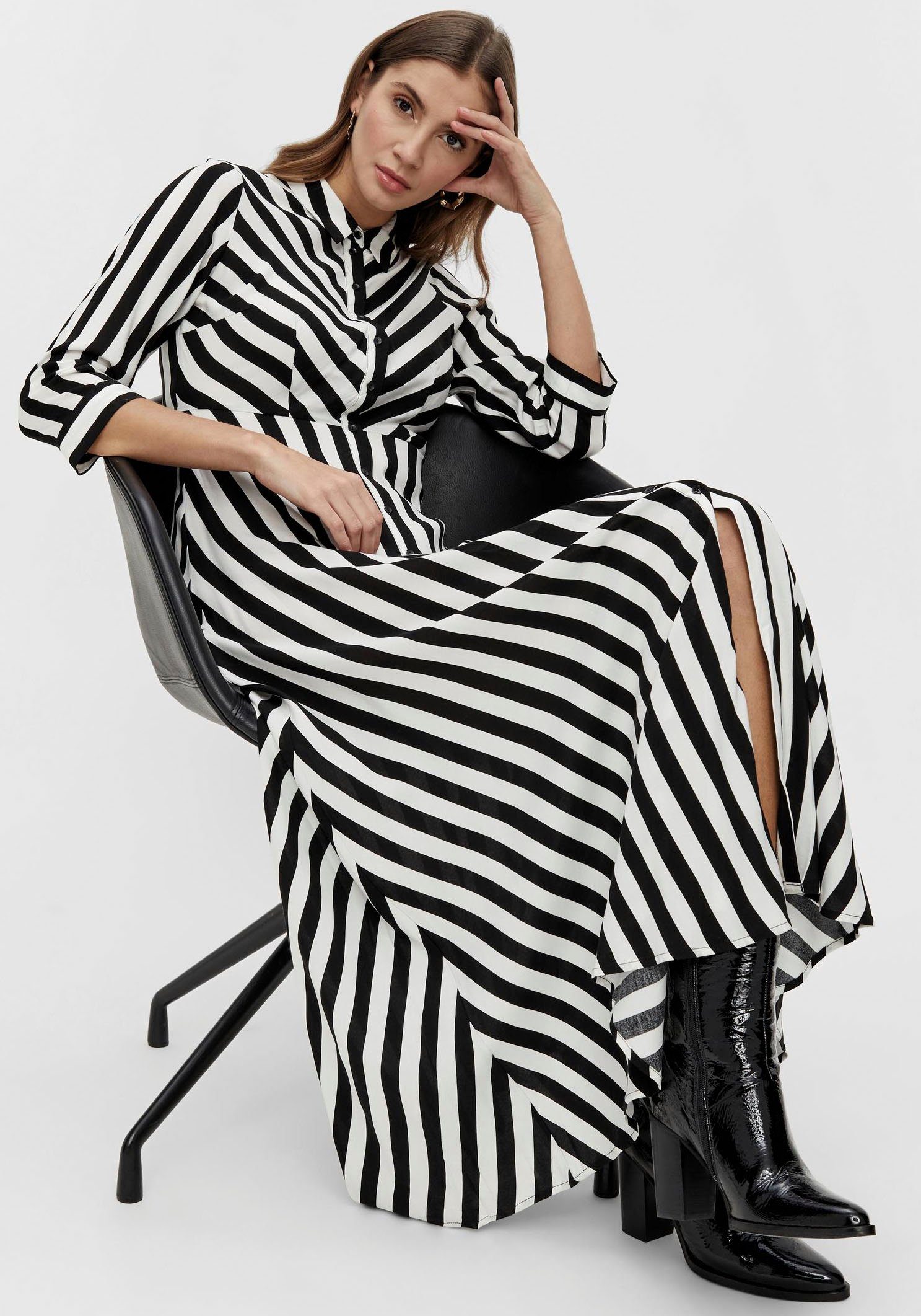 Ärmel w. Hemdblusenkleid SHIRT 3/4 Y.A.S black white DRESS YASSAVANNA stripes mit LONG