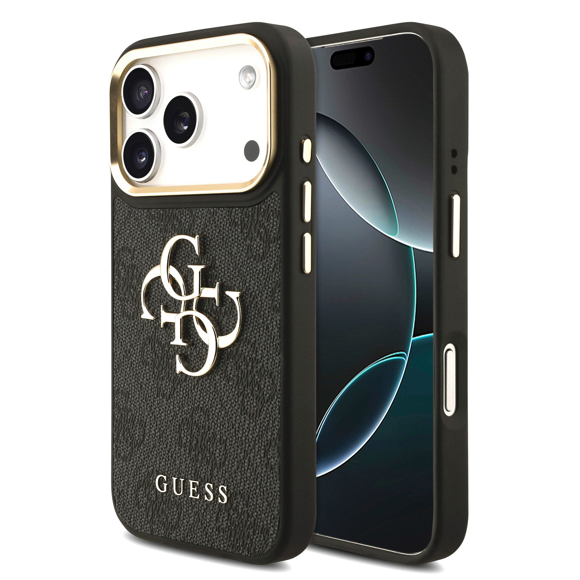 Guess Handyhülle GUESS Case für iPhone 17 Pro Metal Logo Gold Hülle Cover Schwarz