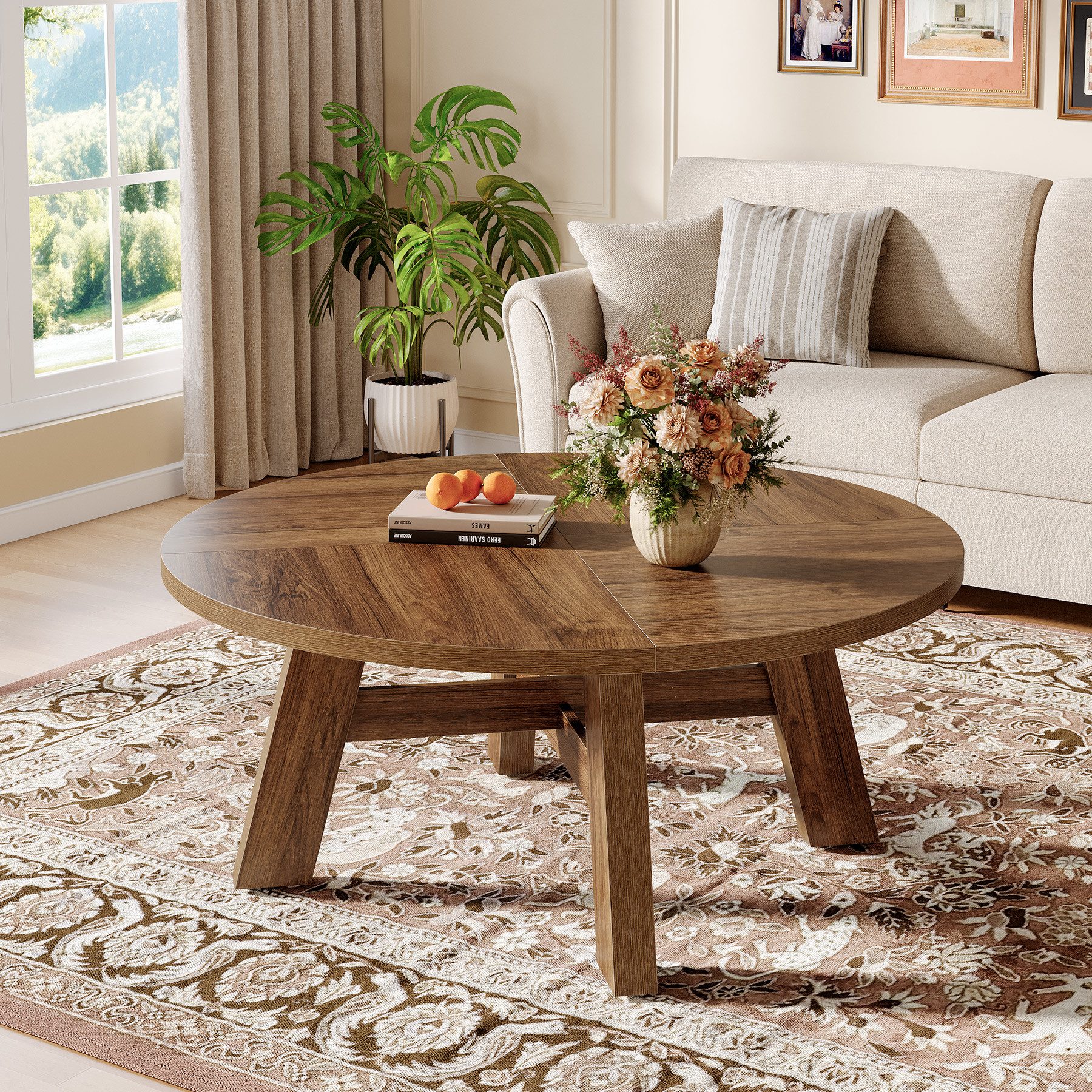 Tribesigns Couchtisch Runder, 100cm Wohnzimmertisch Mit Kreuzstrebe Holztisch für Wohnzimmer